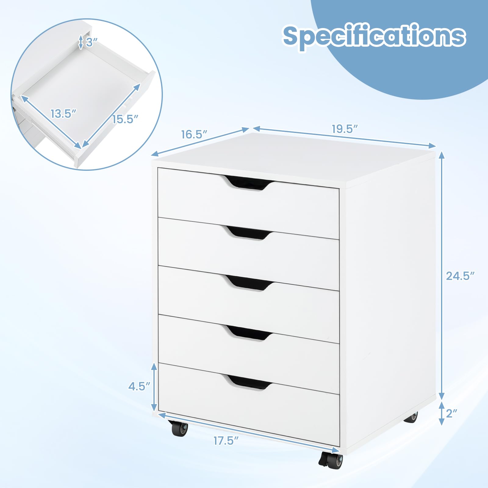 5-Drawer Mobile File Cabinet with Universal Wheels - White Office Storage Cabinet, Vertical Printer Stand & Rolling Storage Organizer for Home & Office Use - Perfect for Documents, Supplies & Workspace Organization