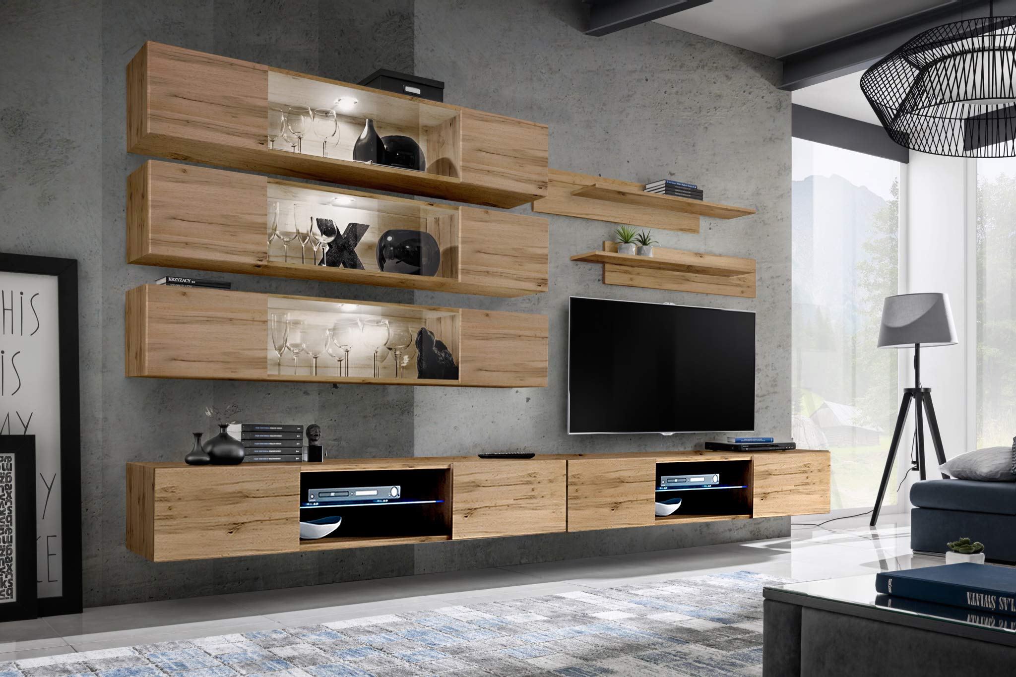 Modern Floating TV Stand with Storage & LED Lights - Wall-Mounted Entertainment Center for Bedroom & Living Room - Oak Wood TV Console with Shelves - Perfect for Small Spaces & Home Theater Setup