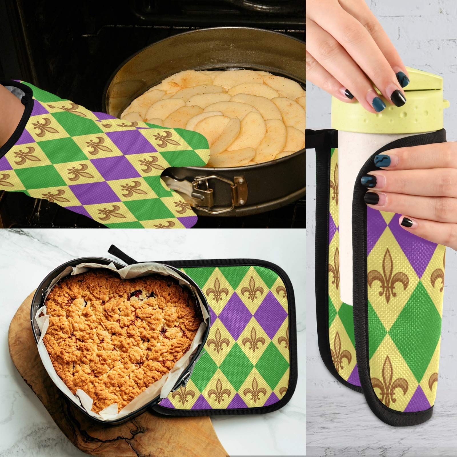 Aflyko Mardi Gras Oven Mitt & Pot Holder Set - Heat Resistant Kitchen Gloves with Festive Fleur De Lis Design - Perfect for Baking, BBQ, Cooking & Carnival Party Decor - Ideal Gift for Home Chefs & Holiday Entertaining
