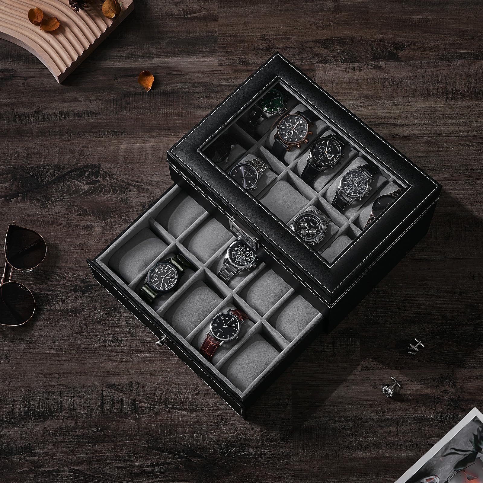 BEWISHOME 20-Slot Watch Box Organizer for Men - Black PU Leather Display Case with Metal Hinge & Glass Top - Large Watch Storage Holder SSH04B - Perfect for Watch Collections, Gifts, and Travel Accessories