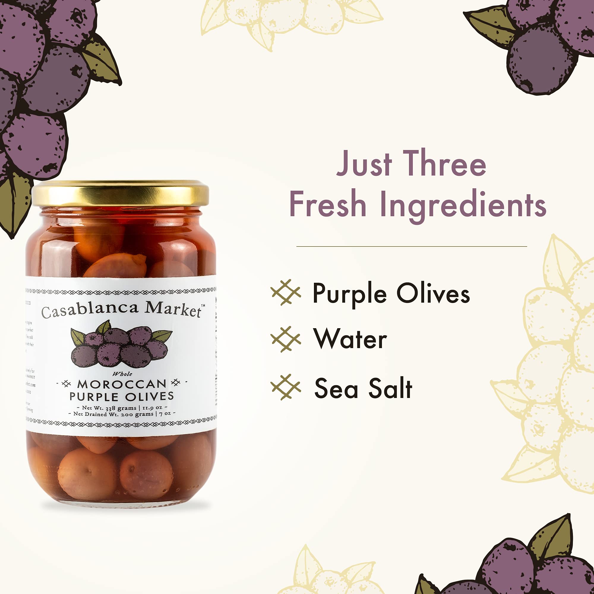 Casablanca Market Moroccan Picholine Purple Olives - Gourmet Whole Olives with Pits from Morocco - Authentic Ripe Maghreb Olives for Cocktails & Charcuterie (11.9oz Can) - Perfect for Martini Garnish, Cheese Boards & Mediterranean Recipes
