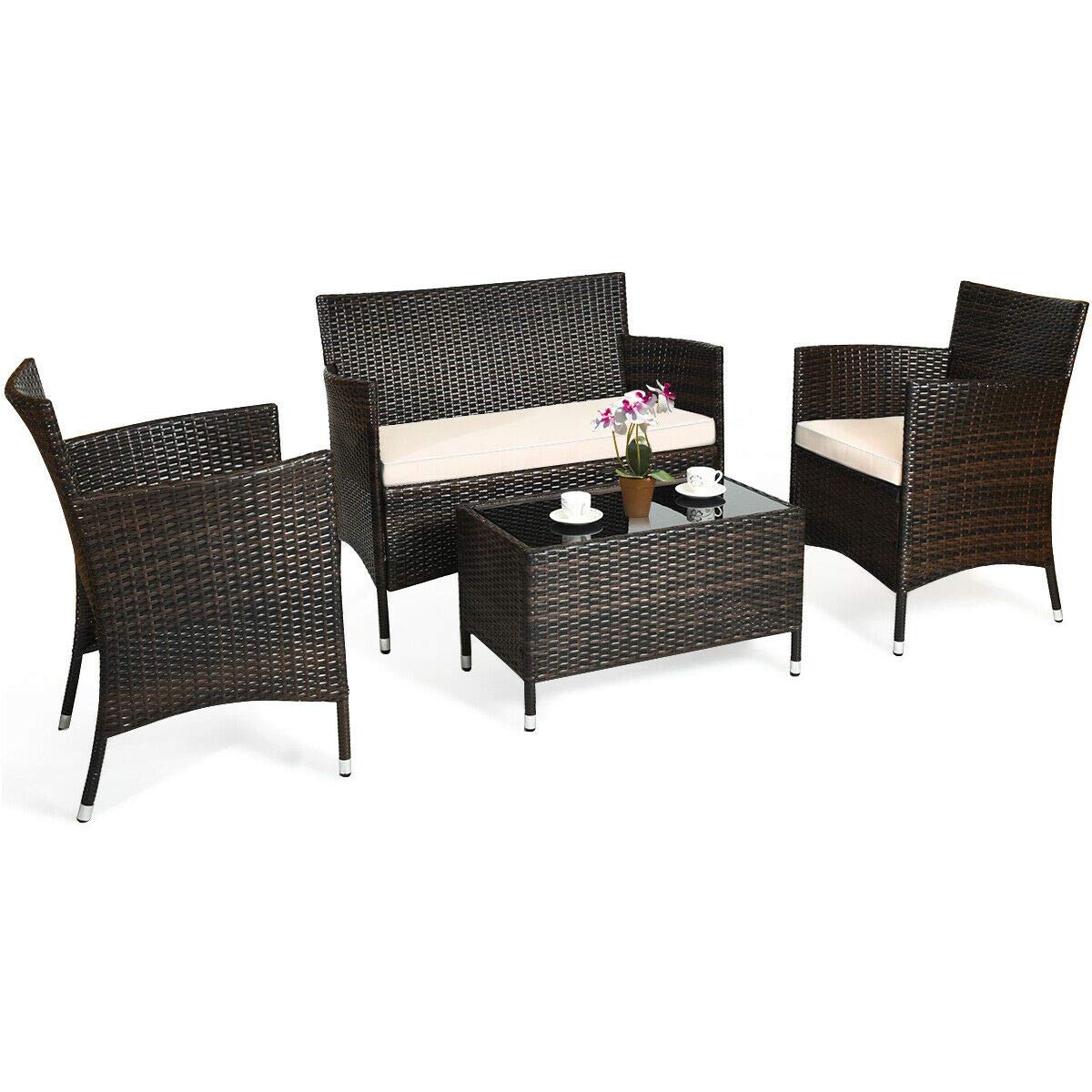 4-Piece Outdoor Patio Furniture Set - All-Weather Wicker Sectional Sofa with Rattan Chairs & Glass Coffee Table - Perfect for Backyard, Porch, Poolside, Balcony & Garden Relaxation