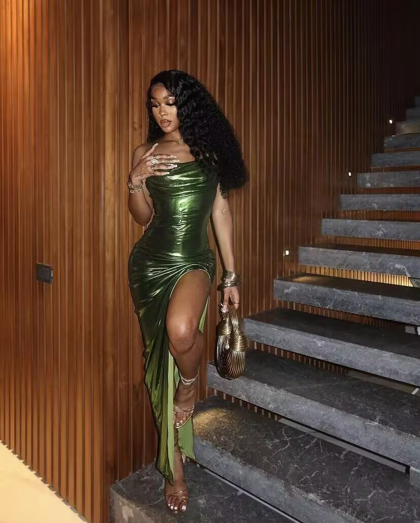 Elegant Green Sheath Long Prom Dresses with High Slit - Black Girl Evening Gown J2617 for Formal Events, Homecoming, and Special Occasions