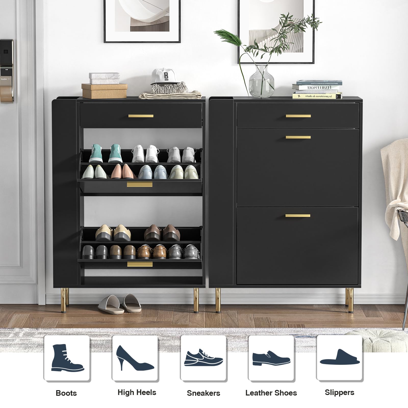 Anmytek Modern Black Shoe Cabinet with 2 Flip Drawers - Freestanding Shoe Storage Organizer for Entryway, Hallway, Bedroom & Closet - Space Saving Narrow Shoe Rack with Storage Drawers for Shoes, Boots & Accessories