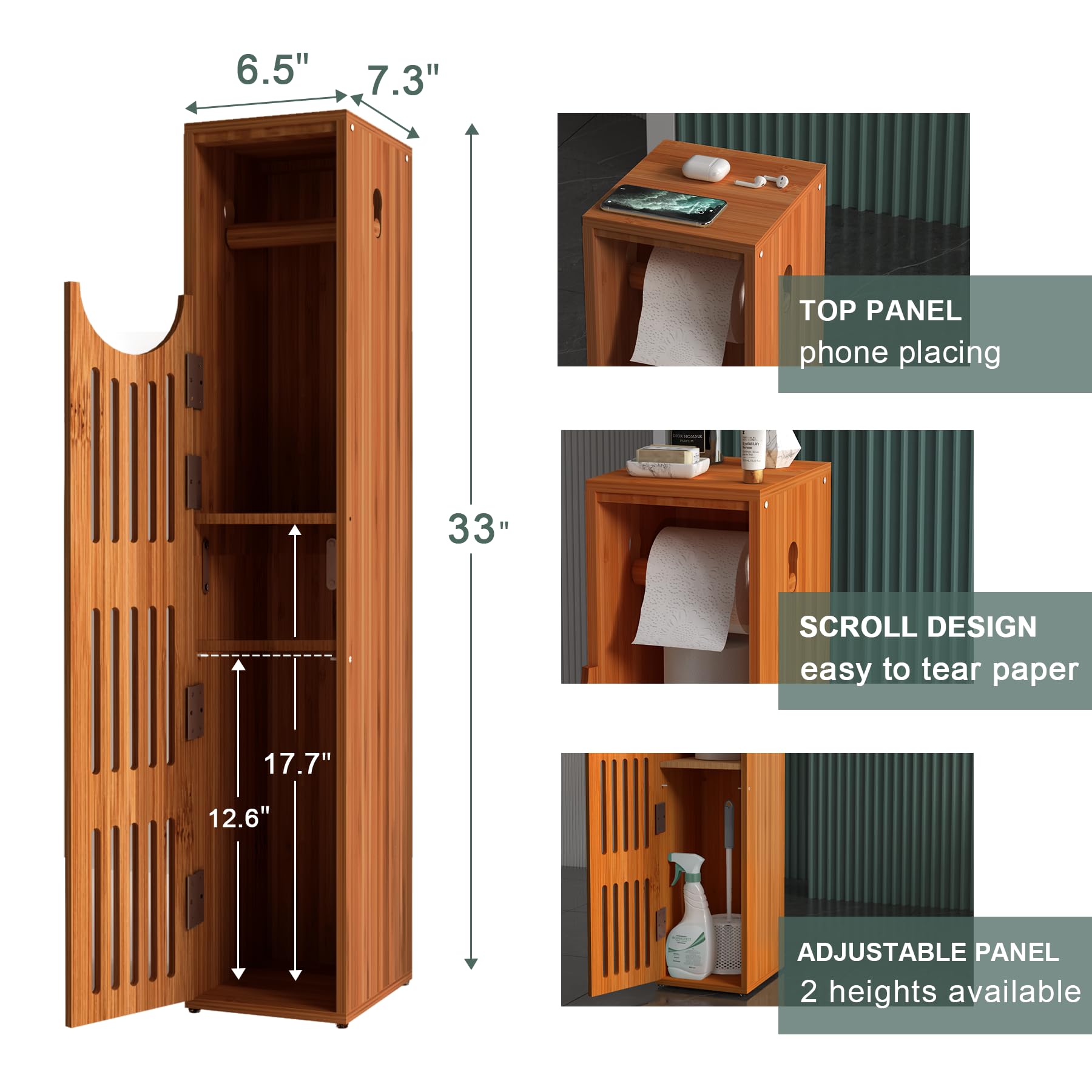 Bamboo Toilet Paper Holder with Storage - Slim Bathroom Cabinet for Small Spaces (33x7.3x6.5