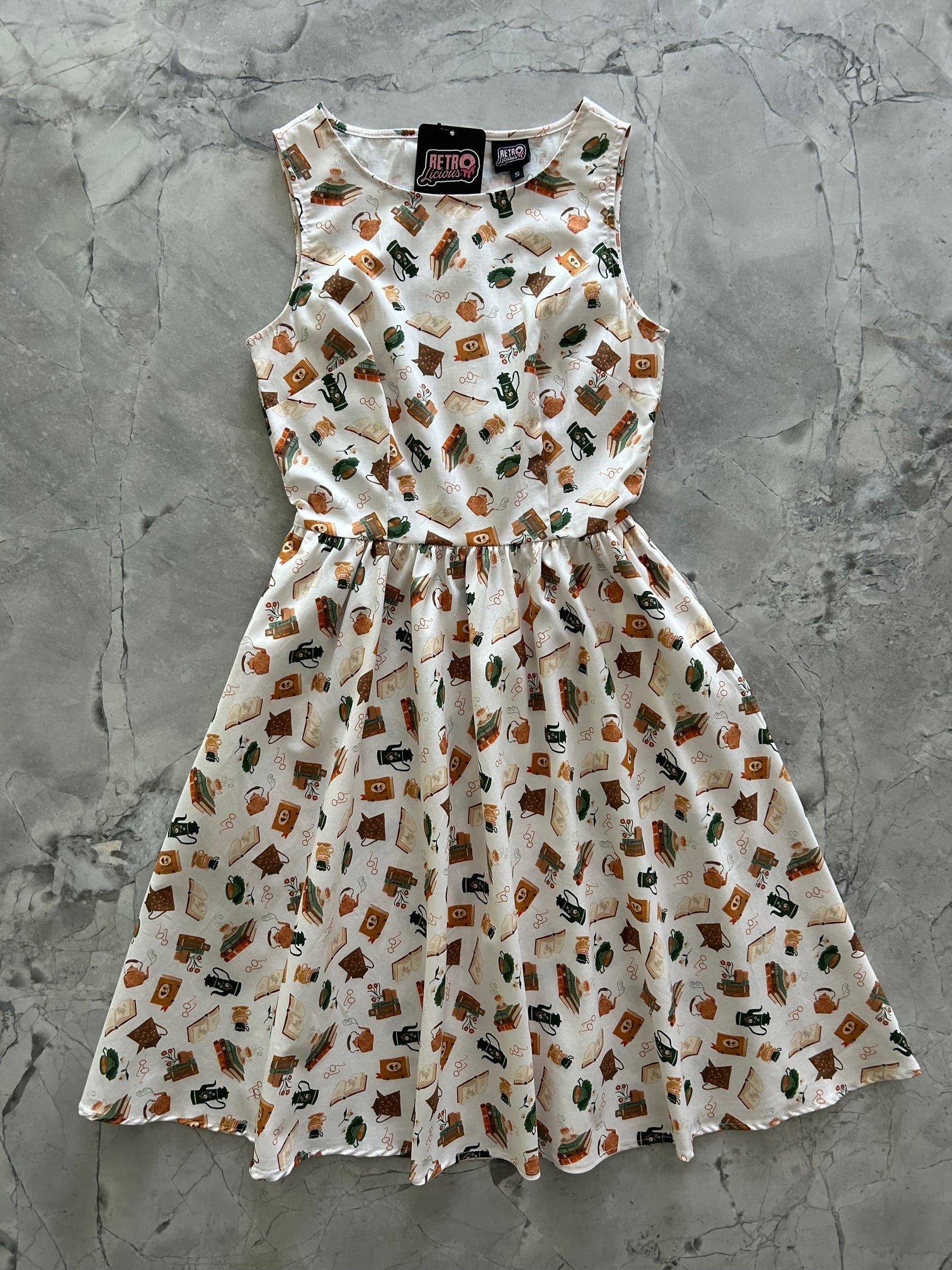 Vintage Floral Tea Dress for Women - Retro Book & Tea Print Summer Dress - Perfect for Tea Parties, Book Clubs & Casual Outings