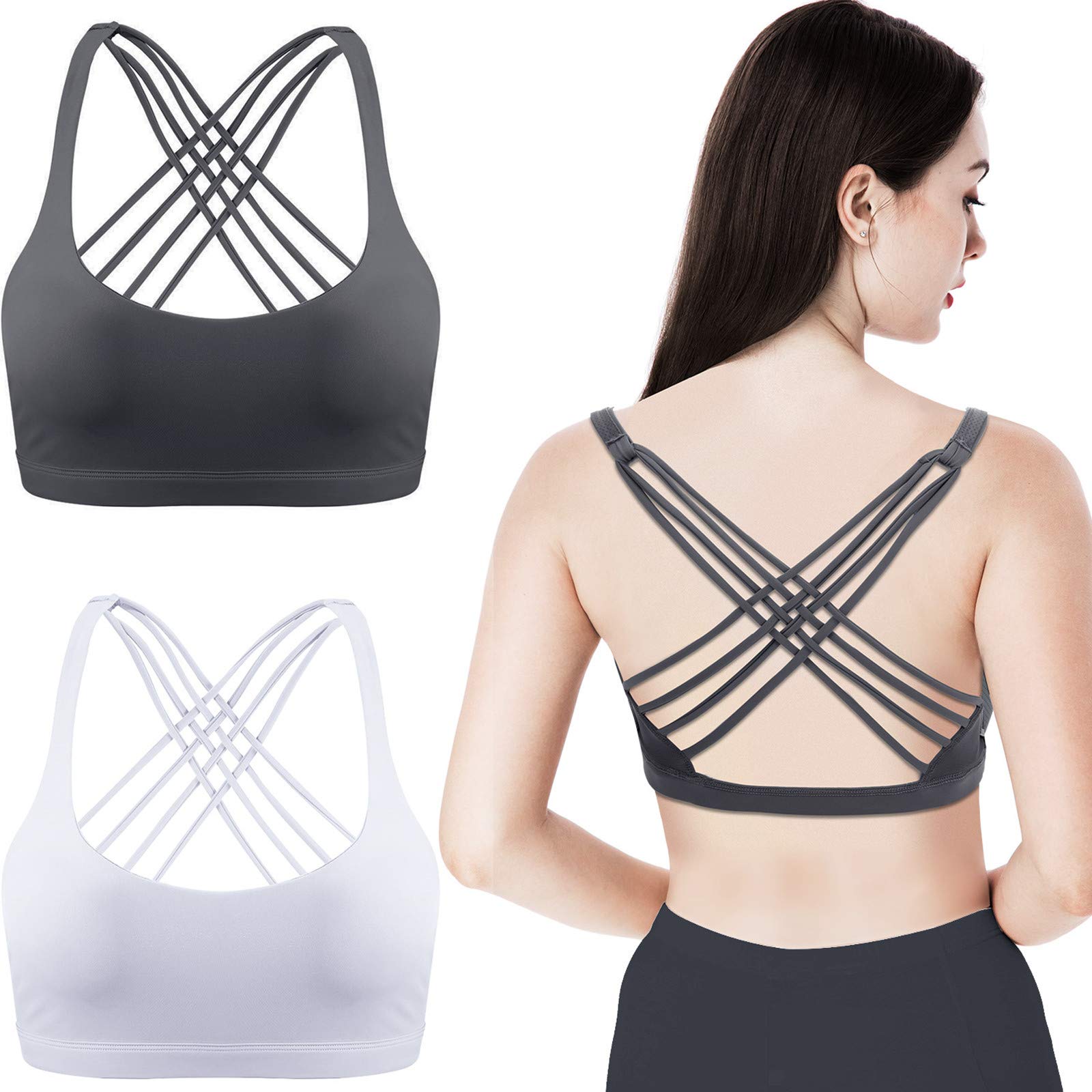 Patelai 2 Pack Women's Padded Sports Bras - Seamless Workout Tank Top with Strappy Cross Back Design for Yoga, Gym & Running | Comfortable & Supportive Activewear for High-Impact Exercise