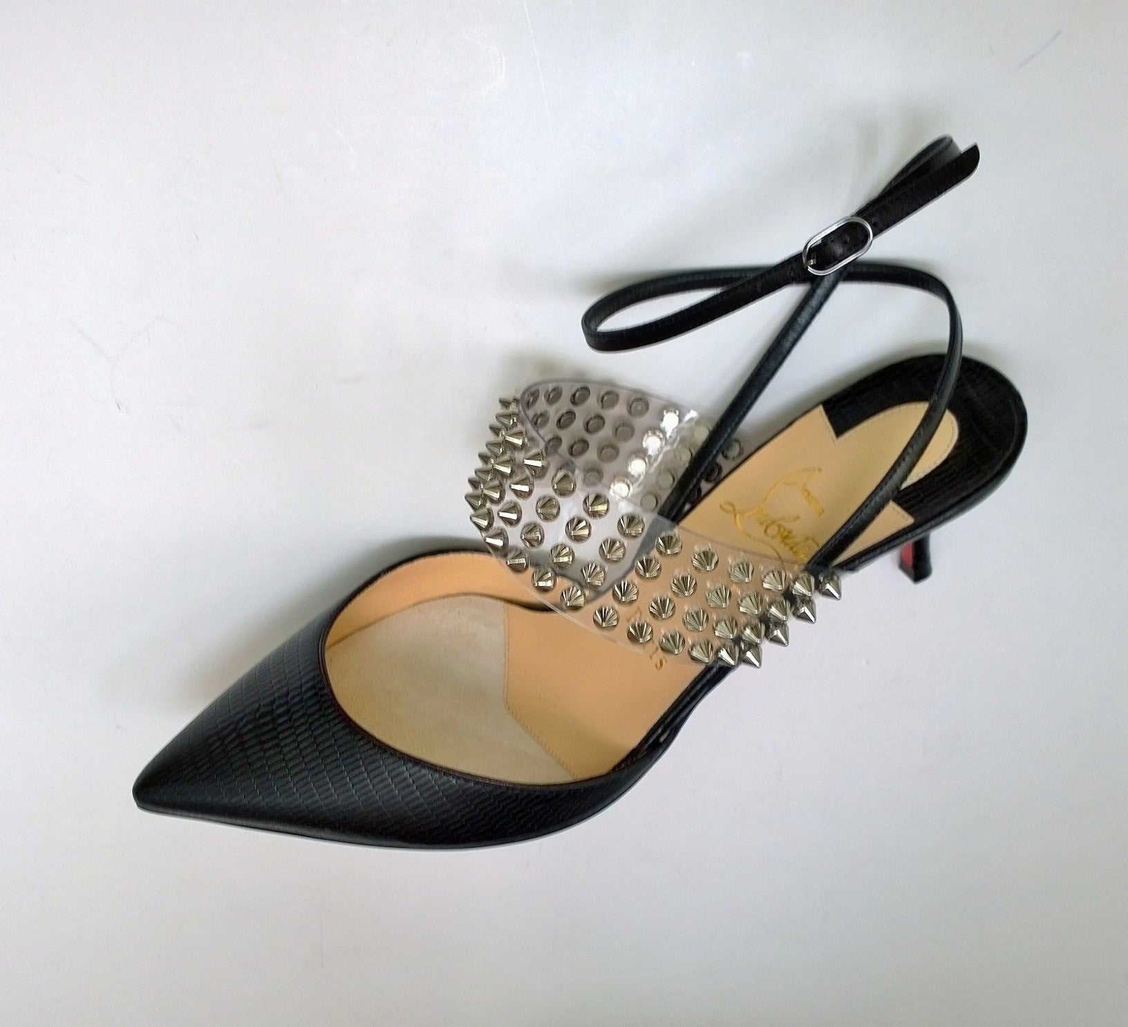 Christian Louboutin Levita 55 Black Embossed Croc PVC Studs Ankle Strap Heels - Elegant Women's High Heels for Evening Parties & Special Occasions