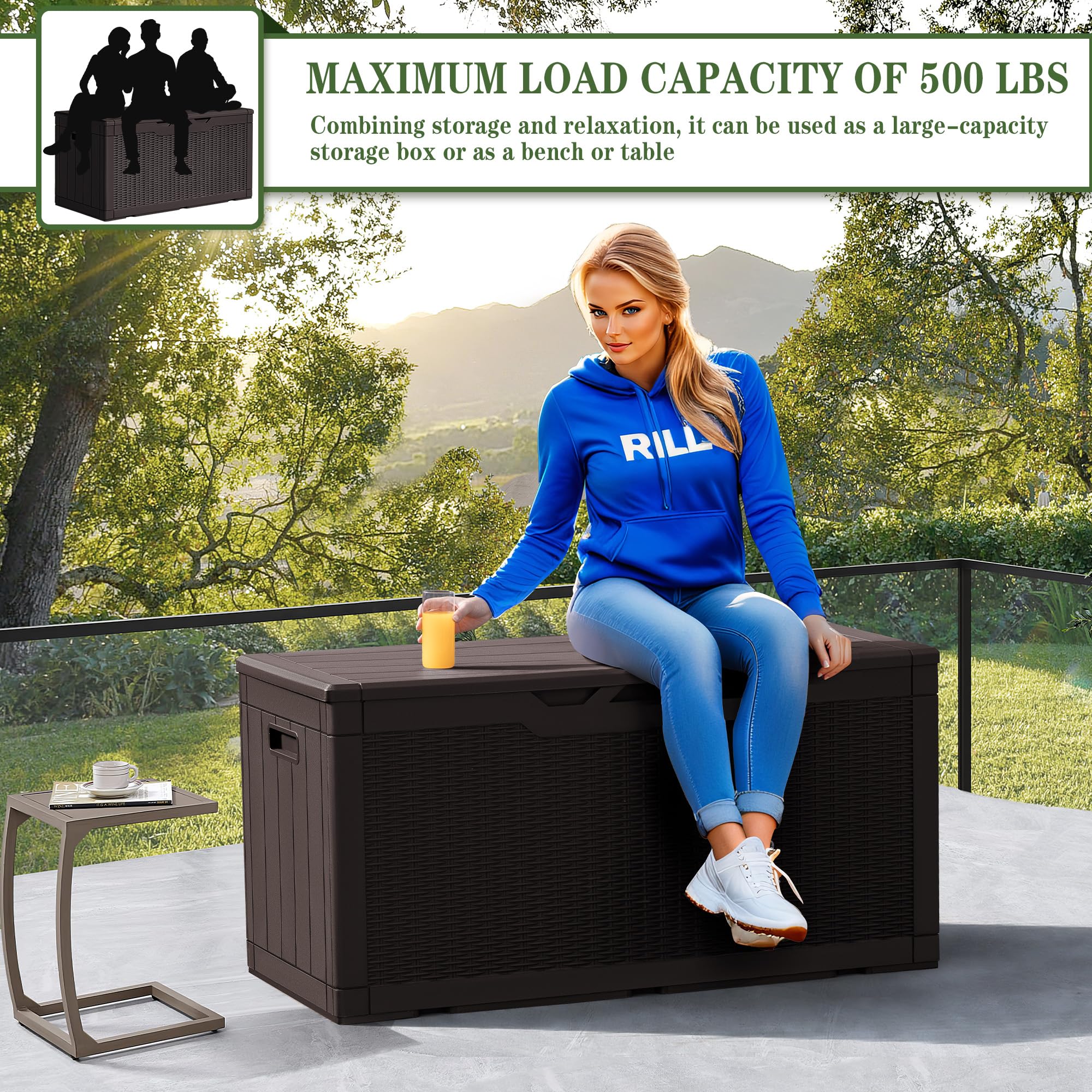 Greesum 100 Gallon Resin Deck Box - Large Lockable Outdoor Storage Container for Garden Tools, Patio Cushions, Pool Accessories (Dark Brown) | Weatherproof Deck Storage Solution for Backyard, Poolside & Patio Organization