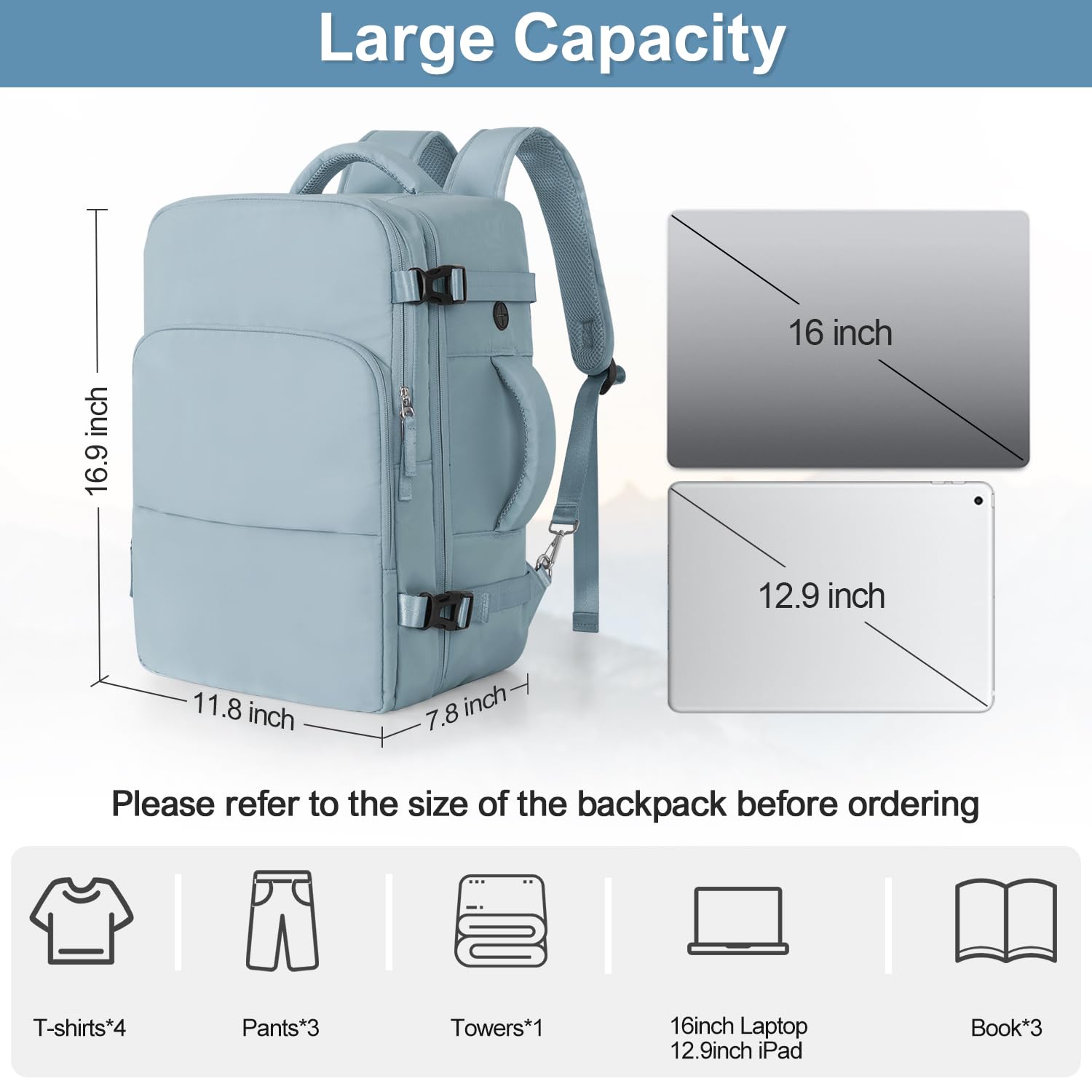 Women's Waterproof Travel Backpack - 16.9x11.8x7.87 Inch Flight Approved Carry-On for College, Hiking & Casual Use | Durable Blue Daypack for Commuting, Weekend Trips & Outdoor Adventures