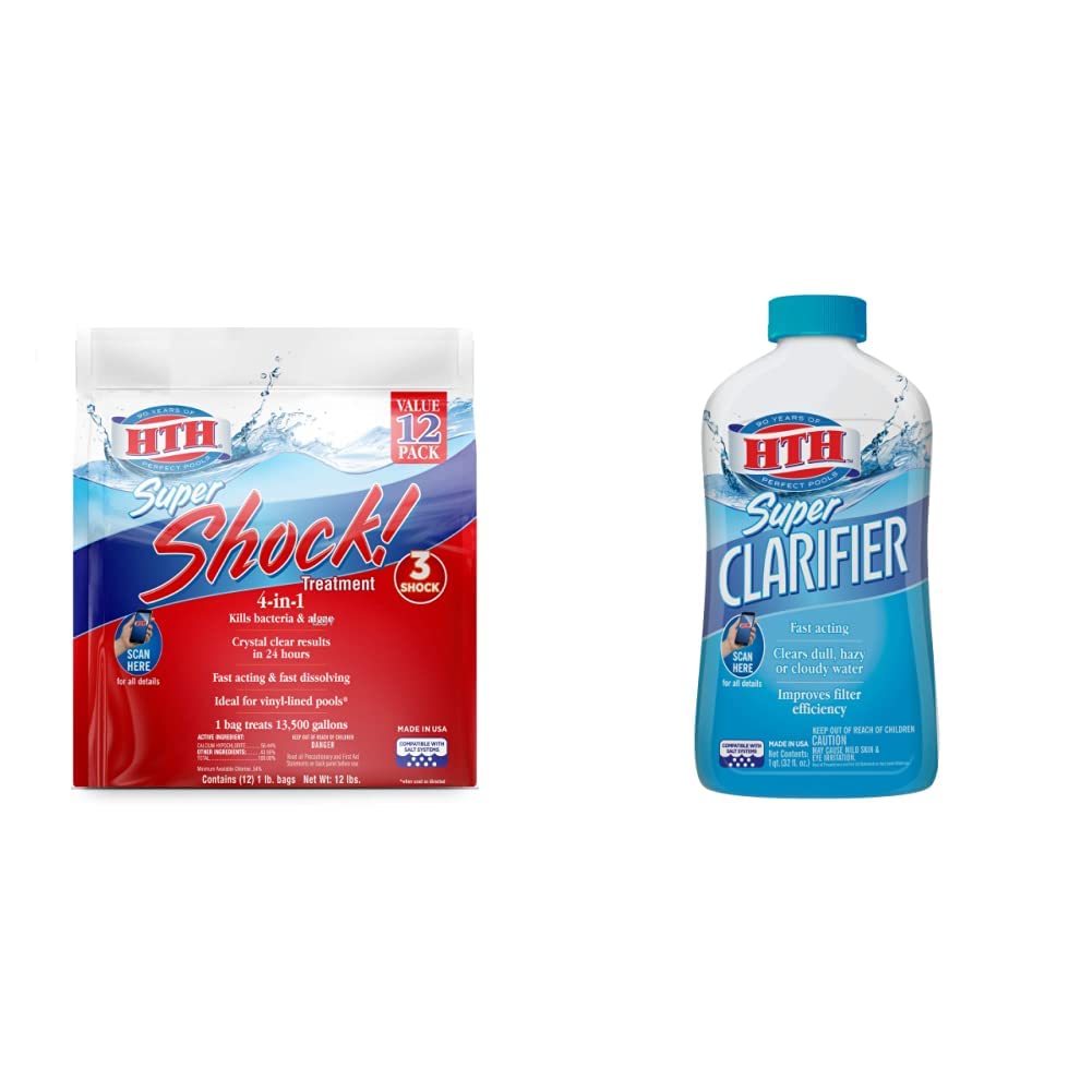 HTH 52026 Super Shock Treatment Swimming Pool Chlorine Cleaner 1 lb (12-Pack) & 67023 Super Clarifier Pool Cleaner 32 fl oz – Fast-Acting Water Clarifier for Crystal Clear Swimming Pools – Ideal for Weekly Maintenance and Seasonal Pool Opening