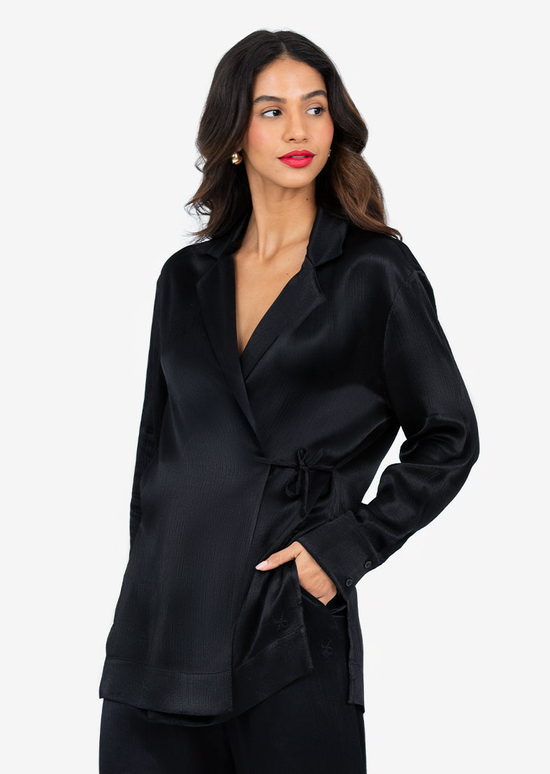 Plisse Side Tie Jacket & Trousers Shiny Black Set - Women's Elegant Outfit for Work, Party & Special Occasions