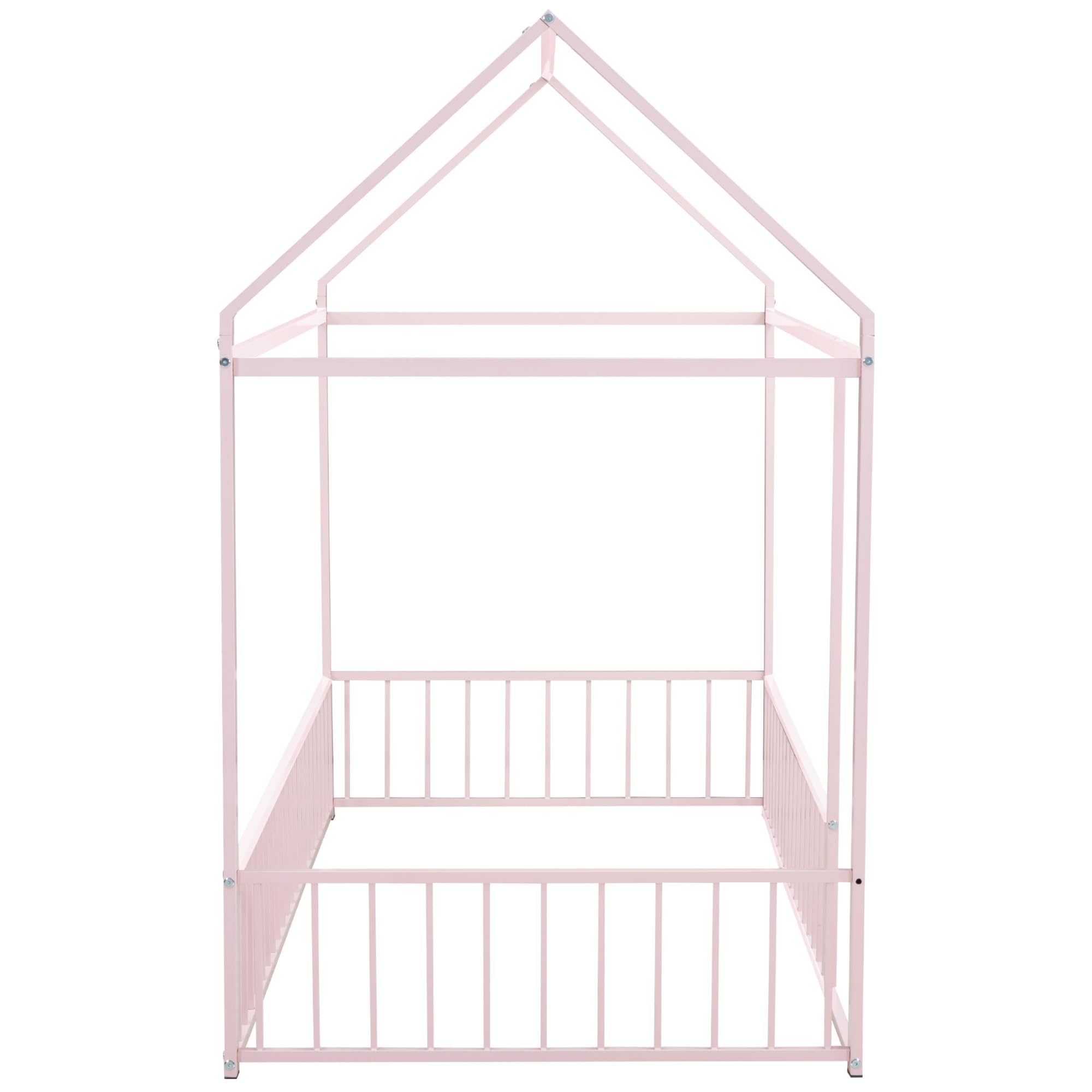 Montessori Twin Floor Bed with Safety Rails for Kids - Metal Frame Playhouse Bed with Roof for Boys, Girls & Toddlers | Sturdy Post Foot Pads for Teens - Perfect for Bedrooms, Playrooms & Montessori Learning Spaces