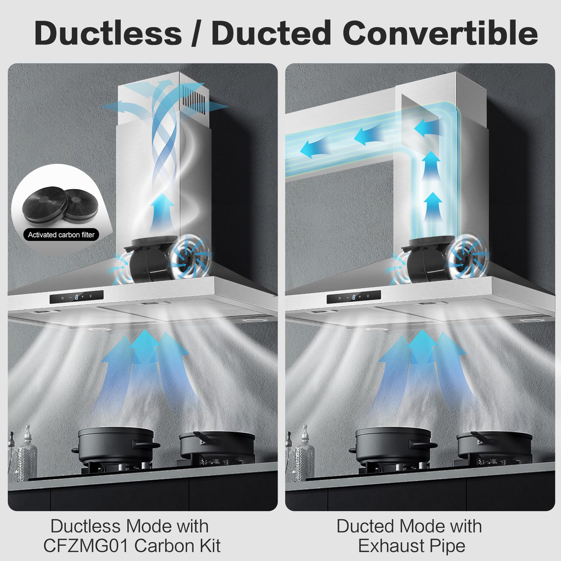 30 Inch Stainless Steel Range Hood - Wall Mount Kitchen Vent Hood with 3 Speed Settings, Touch Control, 5-Layer Mesh Filters & LED Lights | Ducted/Ductless Convertible for Home, Restaurant & Commercial Kitchen Use