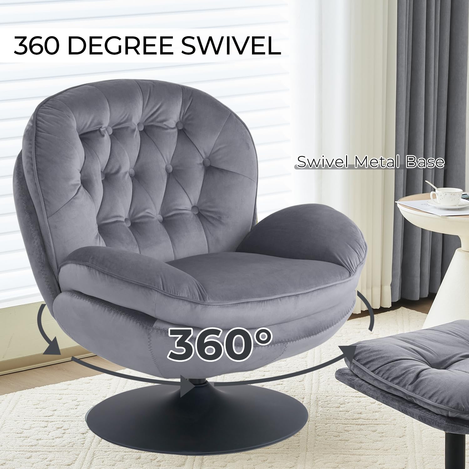 Velvet Swivel Accent Chair with Ottoman Set - Modern Tufted Armchair & Footrest for Living Room, Bedroom - 360 Degree Swivel Lounge Chair for Adults - Grey - Perfect for Reading, Watching TV or Relaxing