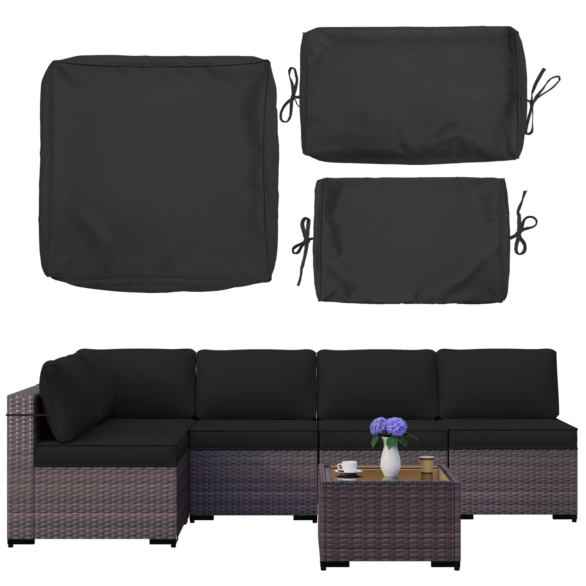 11-Piece Outdoor Cushion Covers Set - Waterproof Patio Furniture Replacement Covers for Sofa, Chair & Pillow - Durable UV-Resistant Fabric - Perfect for Backyard, Deck, Poolside (Black)