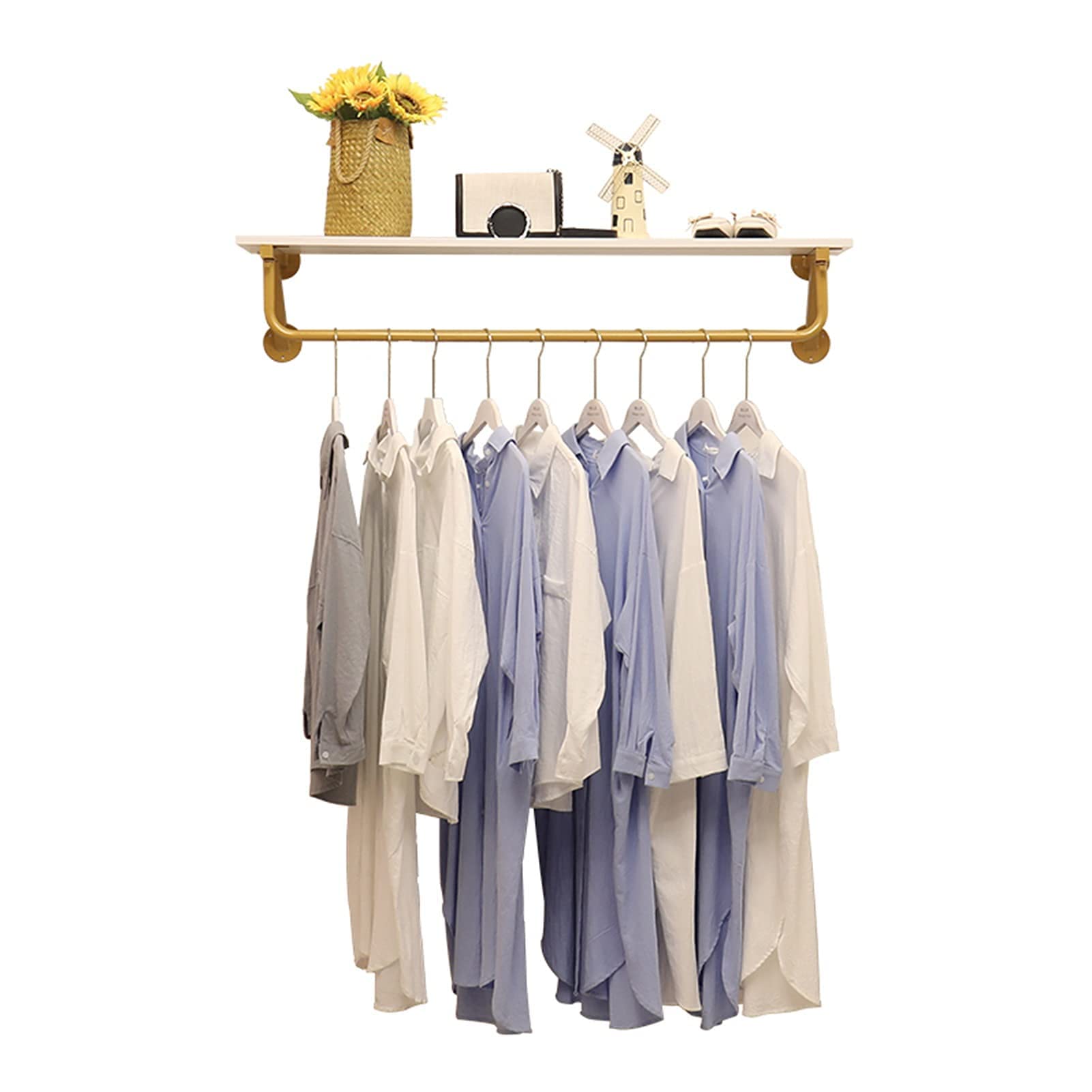 Heavy-Duty Wall Mounted Clothes Rack with Storage Shelf - Golden Garment Display Organizer for Closet, Bedroom & Retail Store Use