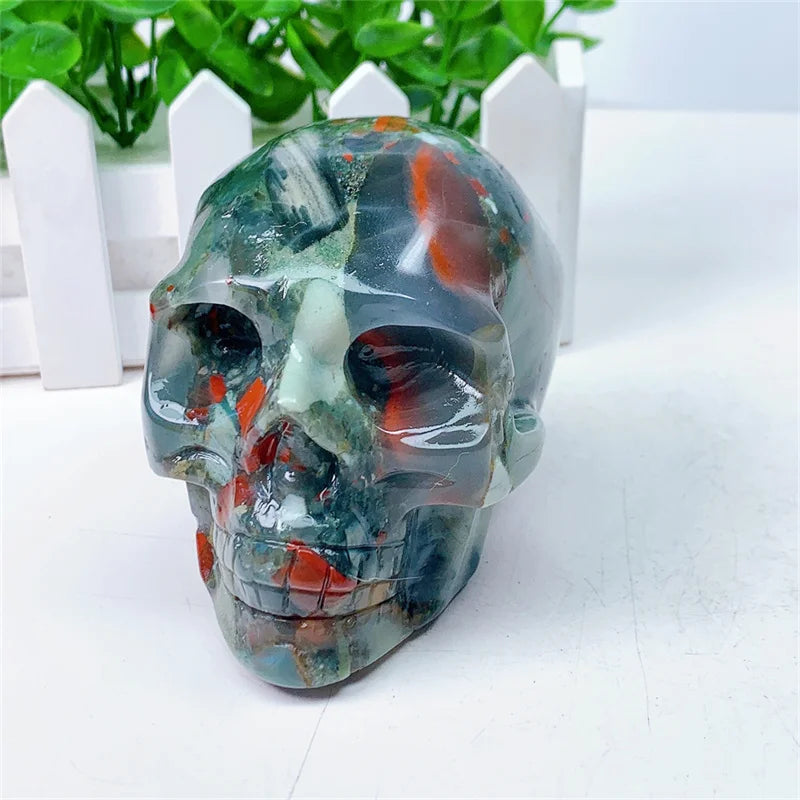 Natural Bloodstone Agate Skull Carving Sculpture - Healing Gemstone Crystal Crafts for Home Decor, Meditation & Spiritual Healing - 1 Piece (0.755kg)