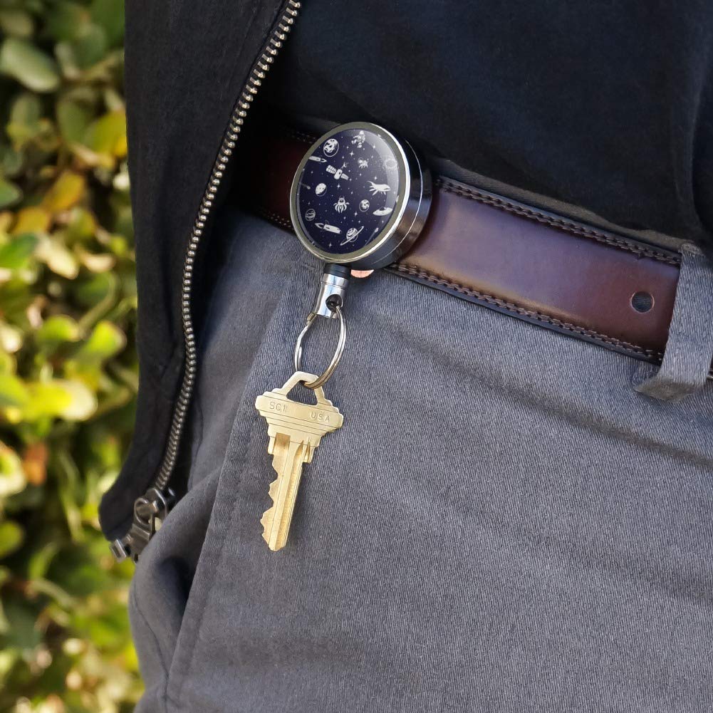Space Themed Heavy Duty Metal Retractable ID Badge Holder with Belt Clip - Stars, Planets, Astronauts & Spaceships Design - Perfect for Office Security, Events & Cosplay Accessories
