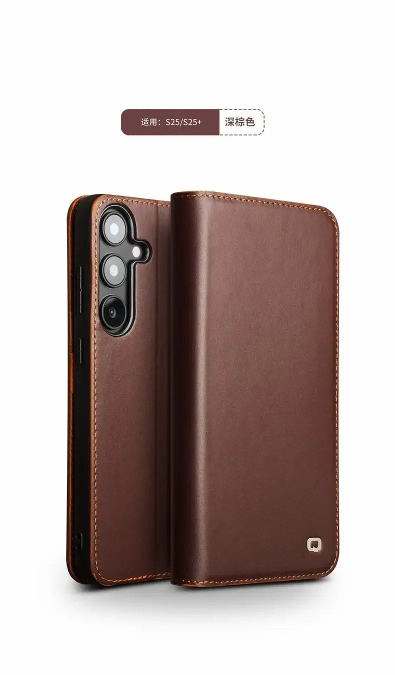 Samsung Galaxy S25 Ultra Genuine Leather Flip Wallet Case - Retro Style Protective Cover with Card Slots for Daily Use & Travel Accessories