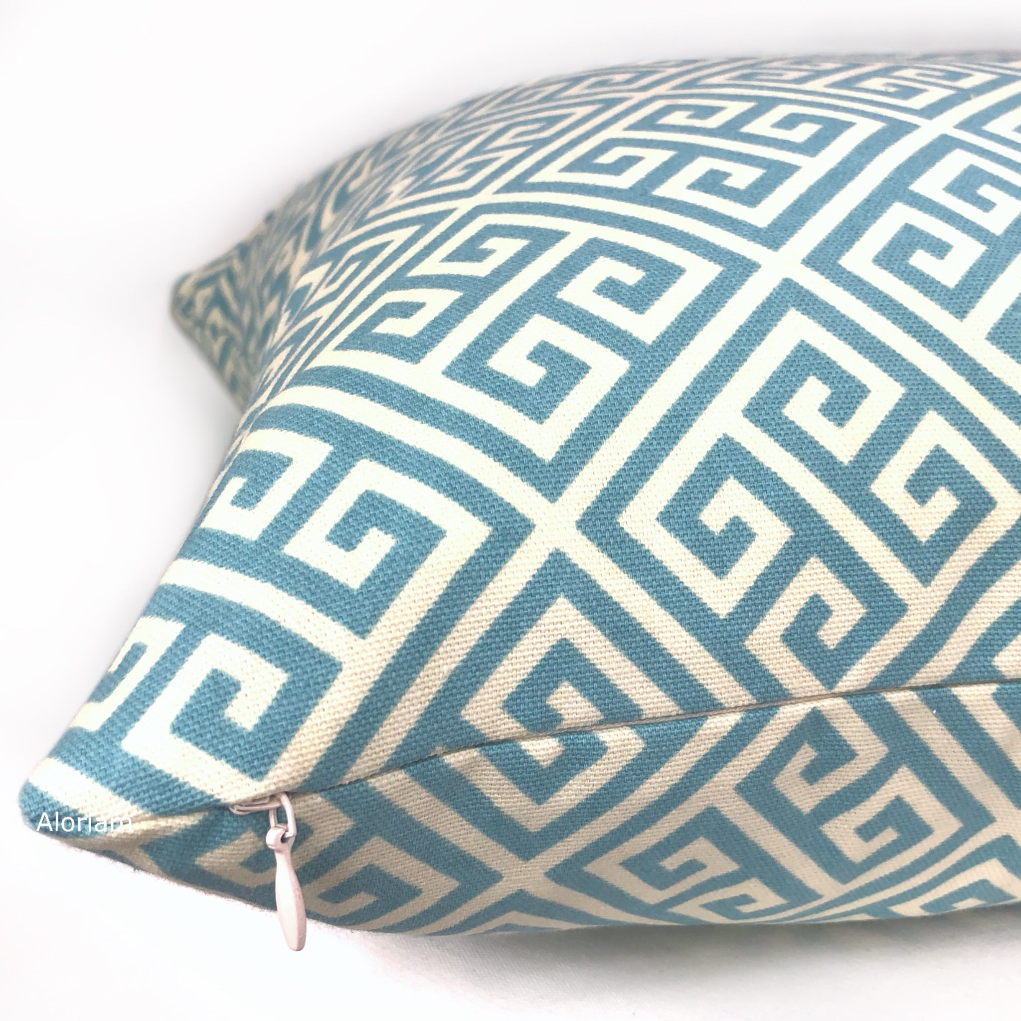 Corinth Spa Blue & Cream Greek Key Pillow Cover - Decorative Throw Pillow Case for Sofa, Bed, Couch - Boho Home Decor & Living Room Accent