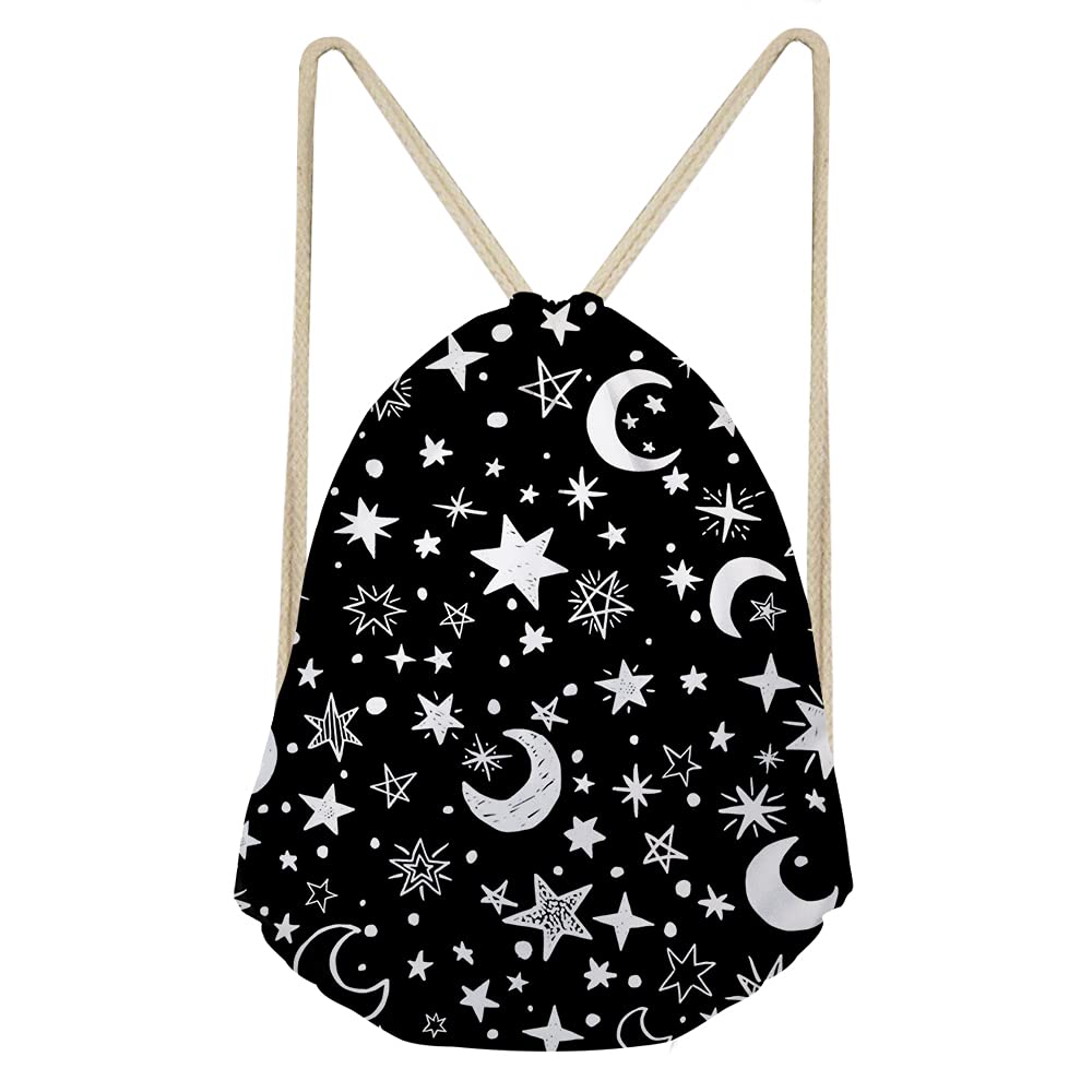 **Jeiento Moon and Star Print Drawstring Backpack - Waterproof Gym Bag for Men & Women - Lightweight Sports Daypack for Hiking, Travel & School - Black**
