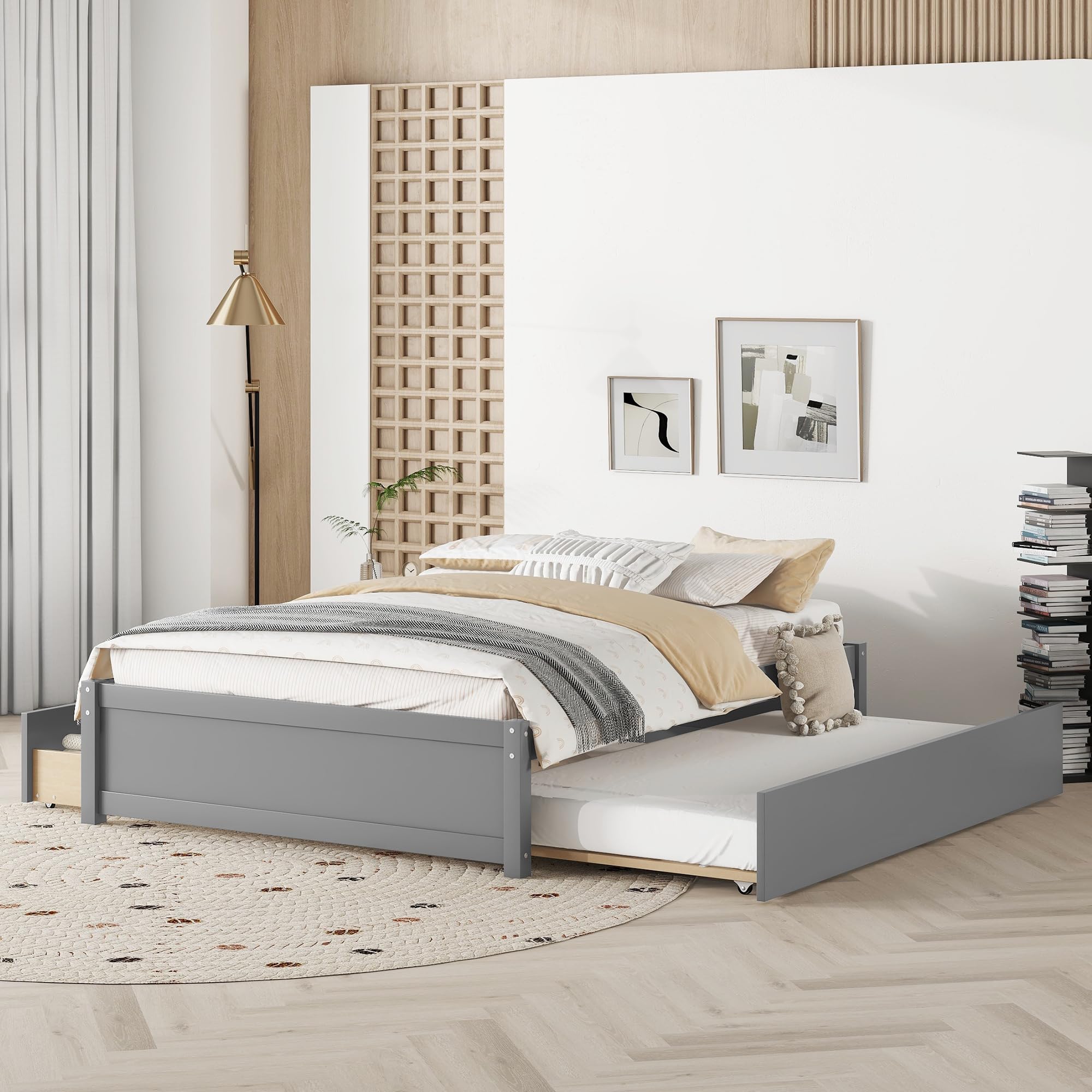 Solid Wood Full Size Platform Bed Frame with Trundle & Storage Drawers - Grey Captain Bed for Kids, Teens & Adults - Perfect for Small Spaces, Guest Rooms & Dormitories