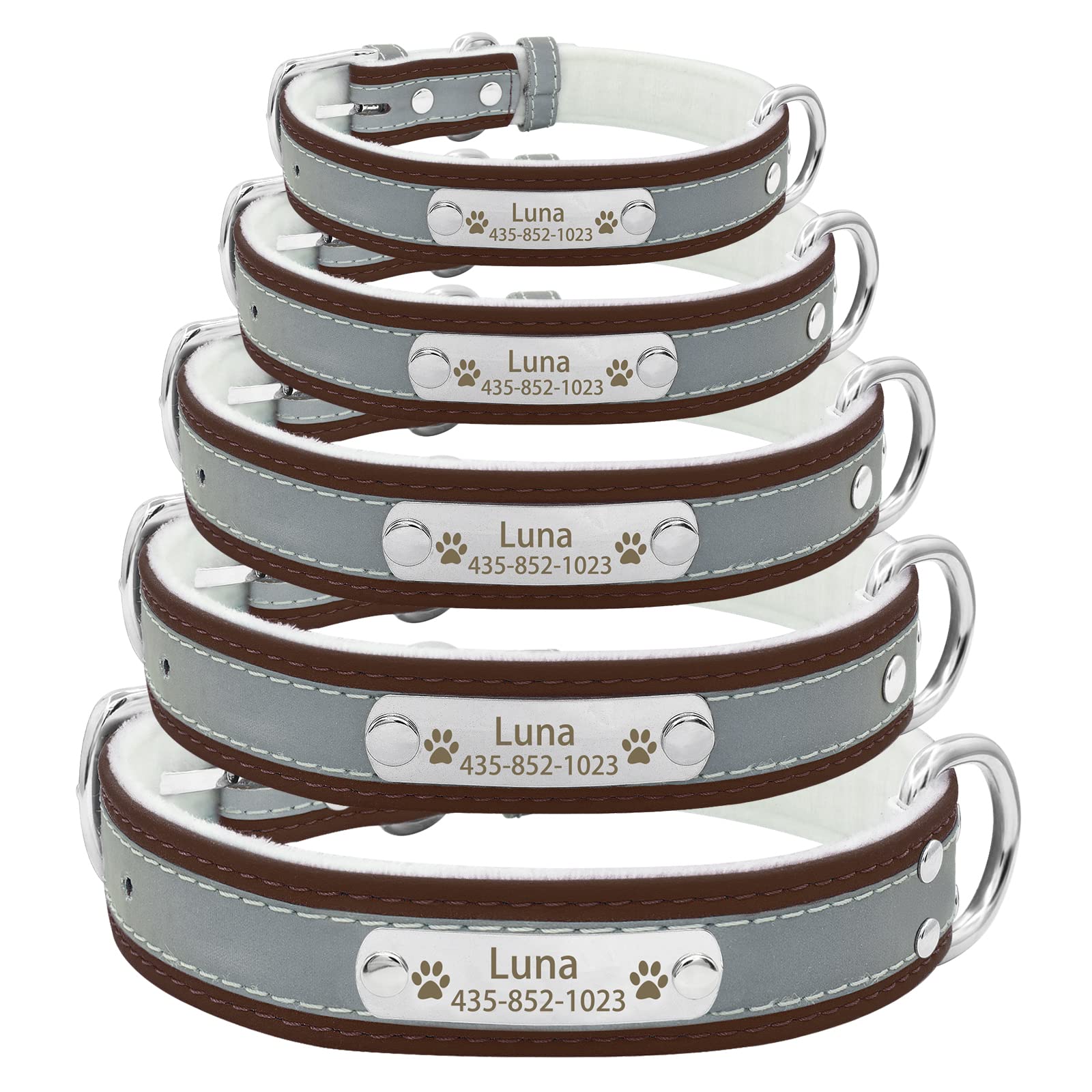 Custom Engraved Reflective Dog Collar & Leash Set with Name Plate - Personalized Leather Pet Collar for Small Medium Large Dogs & Cats | Perfect for Night Walks, Outdoor Adventures & Pet Safety