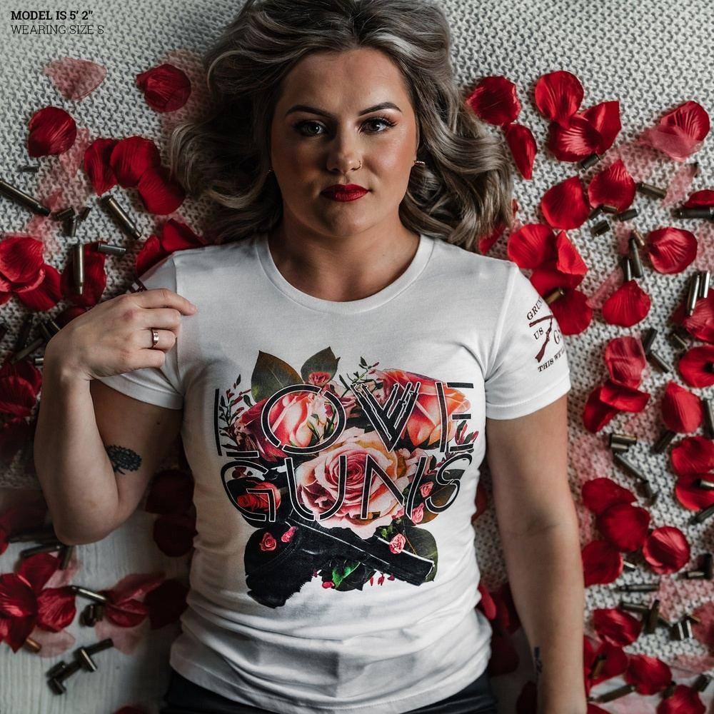 Women's Love Guns Slim Fit T-Shirt - White | Trendy Graphic Tee for Casual Wear & Street Style