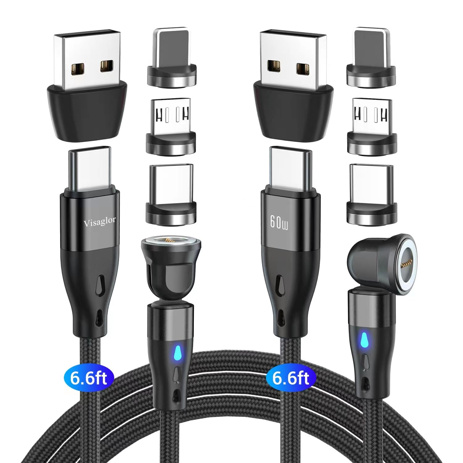 60W USB C Magnetic Charging Cable 2-Pack (6.6ft) - 3A Fast Charging & Data Transfer for iPhone, Samsung, Pixel - 540° Rotating Magnetic Phone Charger for Type C/Micro USB - Perfect for Home, Office & Travel