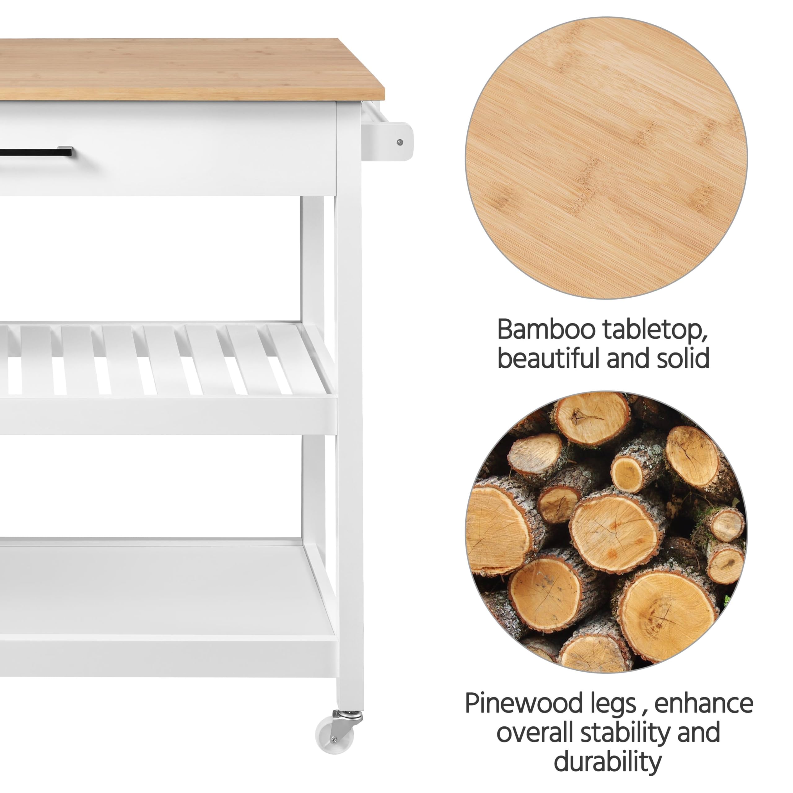 Topeakmart Mobile Kitchen Island Cart with Wheels - Rolling Microwave Stand with Storage Drawer, Towel Rack & 2 Shelves - Natural Wood Countertop White for Small Kitchen & Dining Room Organization