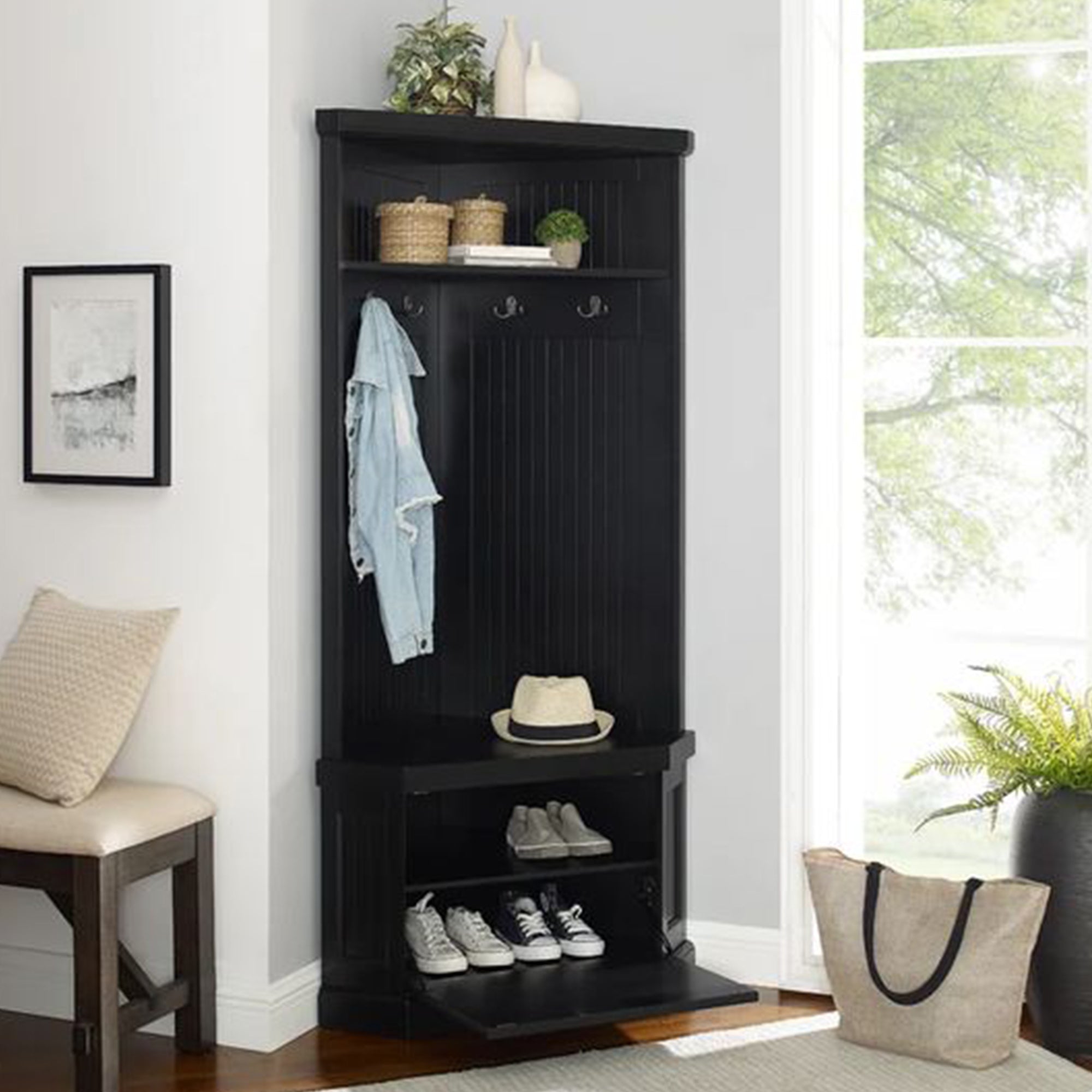 Distressed Black Carlo Corner Hall Tree Coat Rack with Shoe Storage - Entryway Organizer for Coats, Shoes, and Accessories