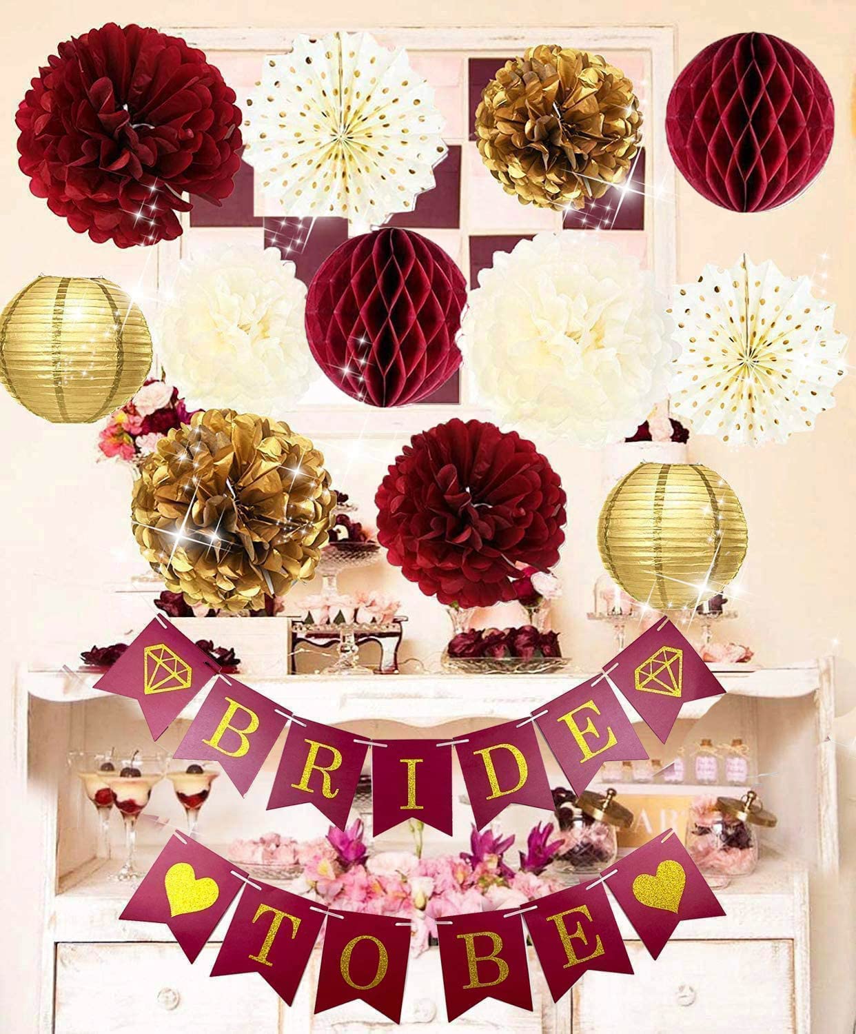 Elegant Burgundy & Gold Bridal Shower Decorations Set - Fall Bachelorette Party & Wedding Decor with Polka Dot Fans & Bride To Be Banner - Perfect for Rustic Autumn Weddings, Engagement Parties & Bridal Showers