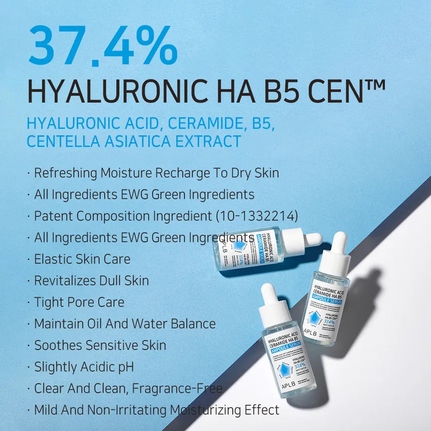 APLB Hyaluronic Acid Ceramide HA B5 Ampoule Serum 40ml - Hydrating & Anti-Aging Face Serum for Dry Skin - Perfect for Daily Skincare Routine & Nighttime Moisturizing