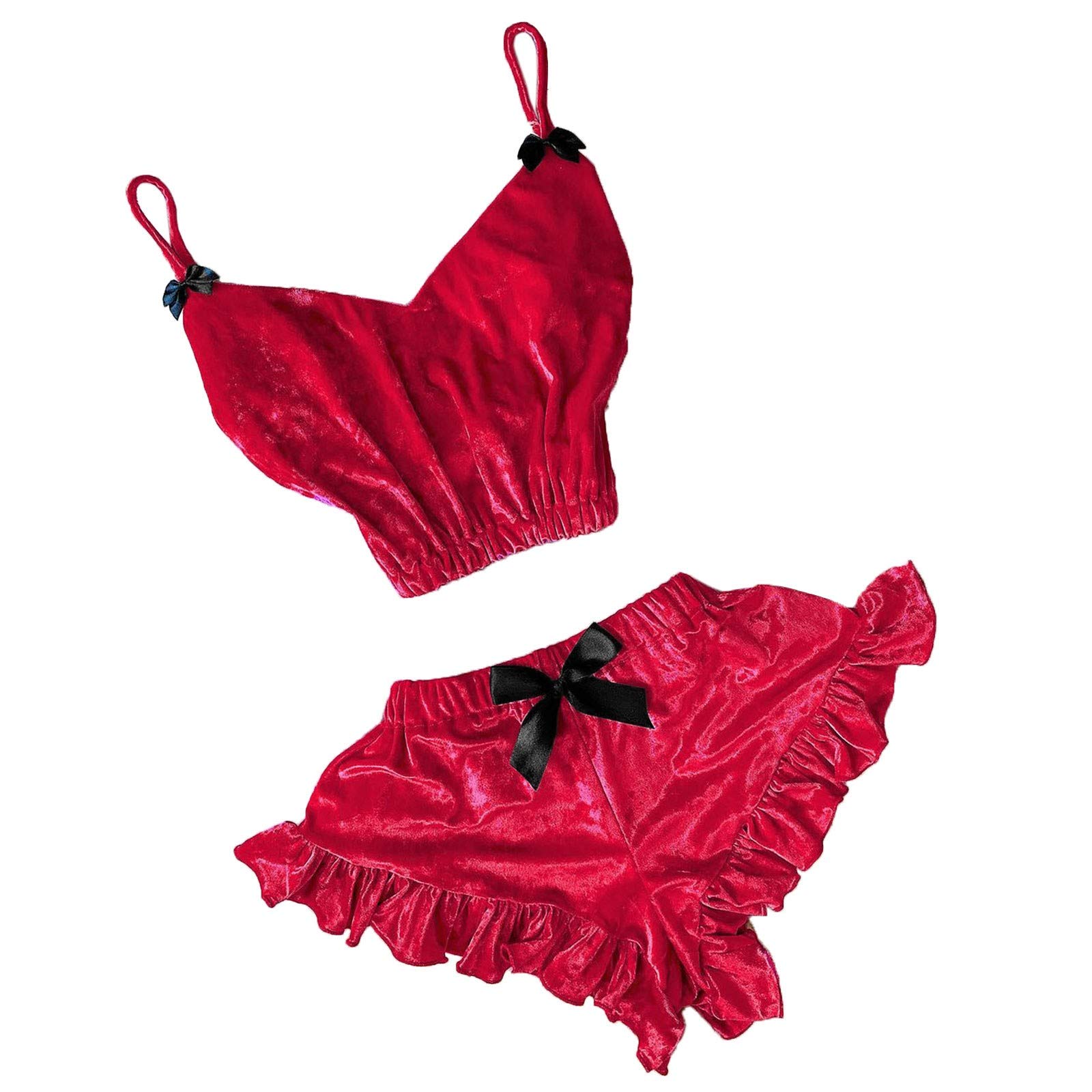 Women's Velvet V-Neck Bowknot Camisole & Shorts Pajama Set with Stockings - Sexy Lingerie for Sleepwear, Valentine's Day & Romantic Nights