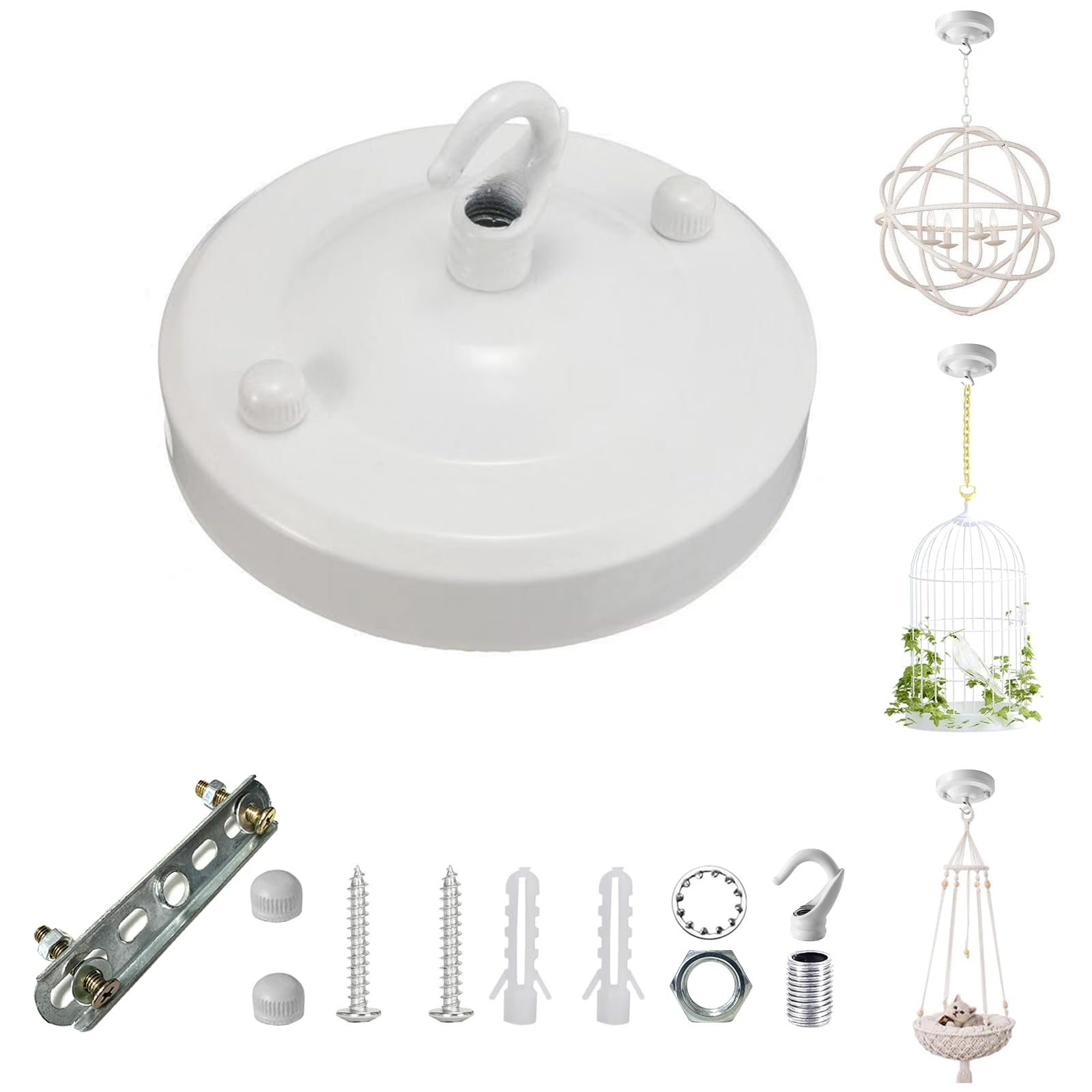 YSGUYILT White Metal Ceiling Rose with Hook - Decorative Suspension Lamp for Hanging Plants, Baskets & Cat Hammocks - Perfect for Living Room, Bedroom & Indoor Garden Decor (1 Piece)