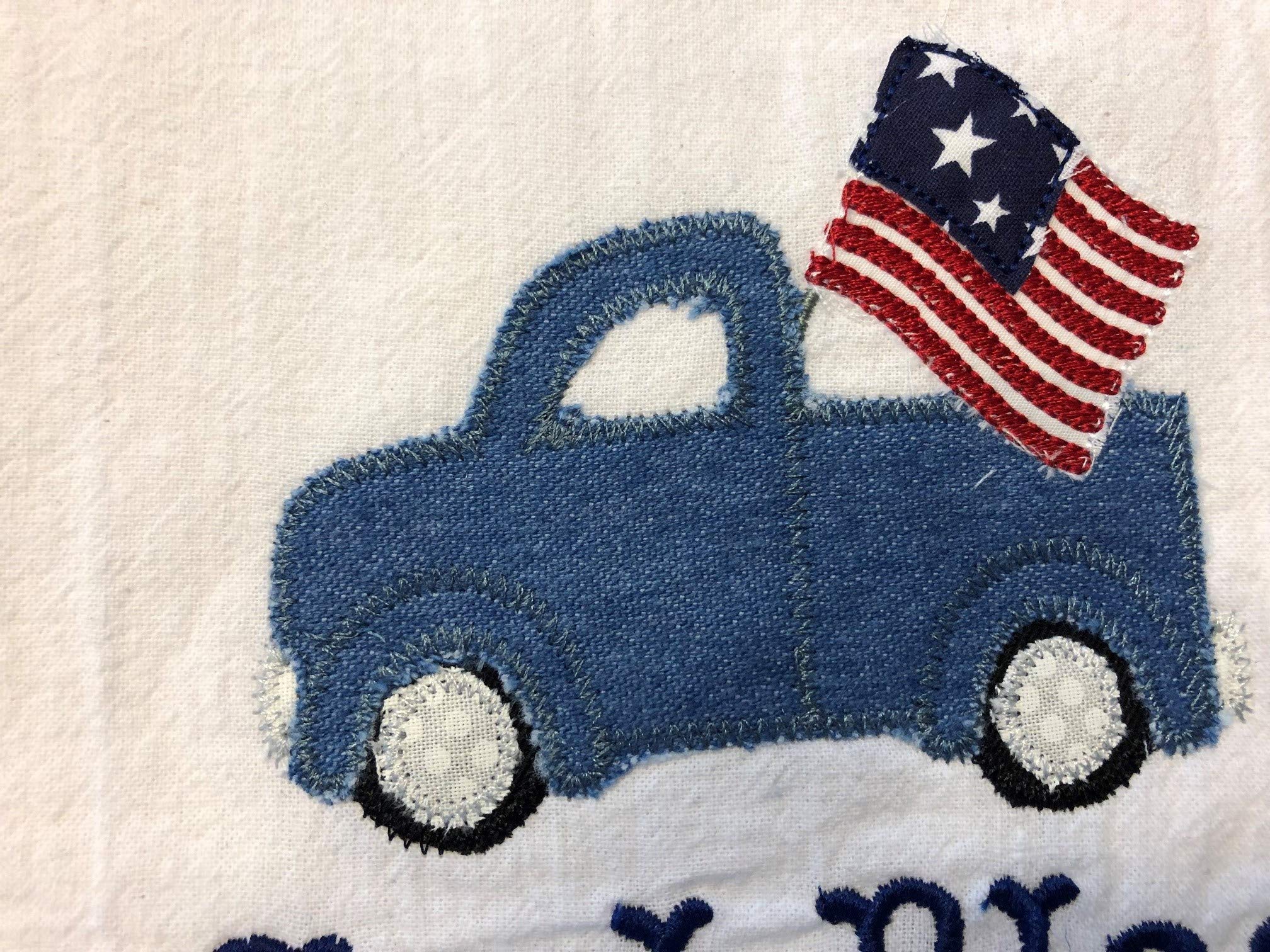 Patriotic Tea Towel with Retro Truck & Flag Applique - God Bless USA Machine Embroidered Dish Towel - Perfect for 4th of July Decor, Kitchen Decorations & Gift Giving