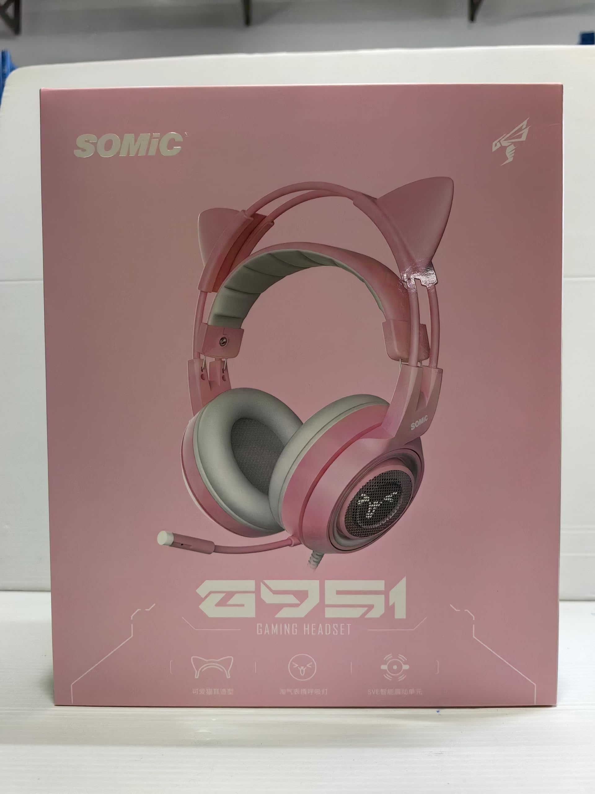 SOMIC G951 Pink Cat Ear Gaming Headset with Mic - USB Noise Cancelling Headphones, 7.1 Virtual Surround Sound, LED Lights for PC, PS4, PS5, Laptop - Perfect for Girls & Women Gamers (Ideal for Streaming, Online Gaming & Voice Chat)