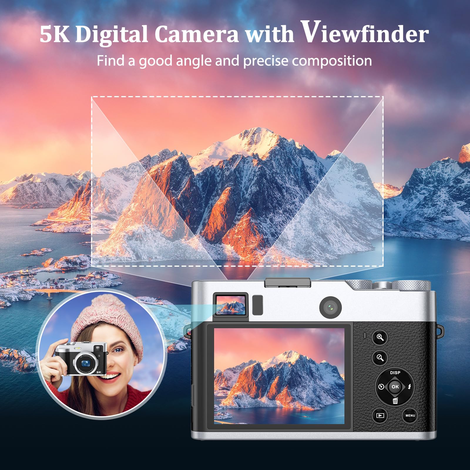 5K Digital Camera for Photography & Video - 48MP Autofocus Vlogging Camera with Anti-Shake, Flash & Viewfinder | 16X Digital Zoom Compact Travel Camera | Includes 32GB Card & 2 Batteries | Perfect for Travel, Vlogging, Selfies & YouTube Content Creation