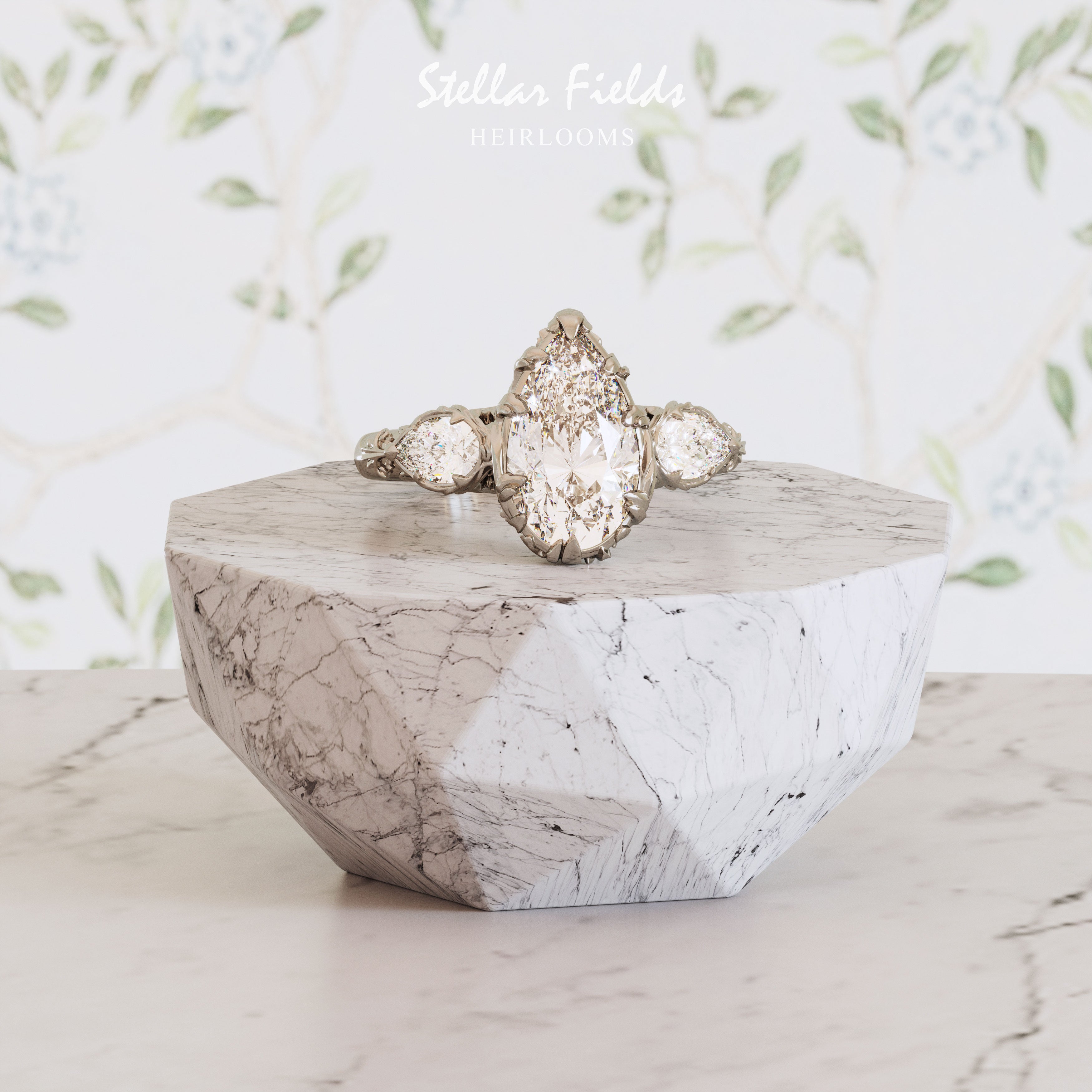 Natural Pear-Shaped 3 Stone Diamond Engagement Ring - Valerie Inspired Nature Design for Wedding, Proposal & Anniversary Gifts