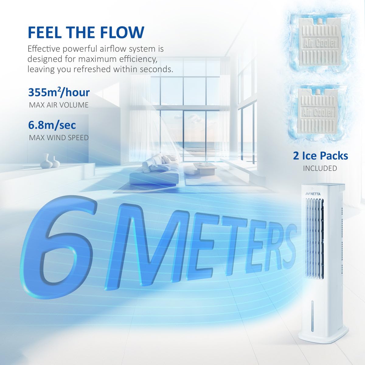 NETTA 5L Portable Air Cooler with Remote Control - 3 Fan Speeds, 3 Modes & Humidifier | High Power Evaporative Cooling for Home, Office & Bedroom | Includes 2 Ice Packs & Auto Oscillation (55W) - Perfect for Summer, Indoor Use & Personal Cooling