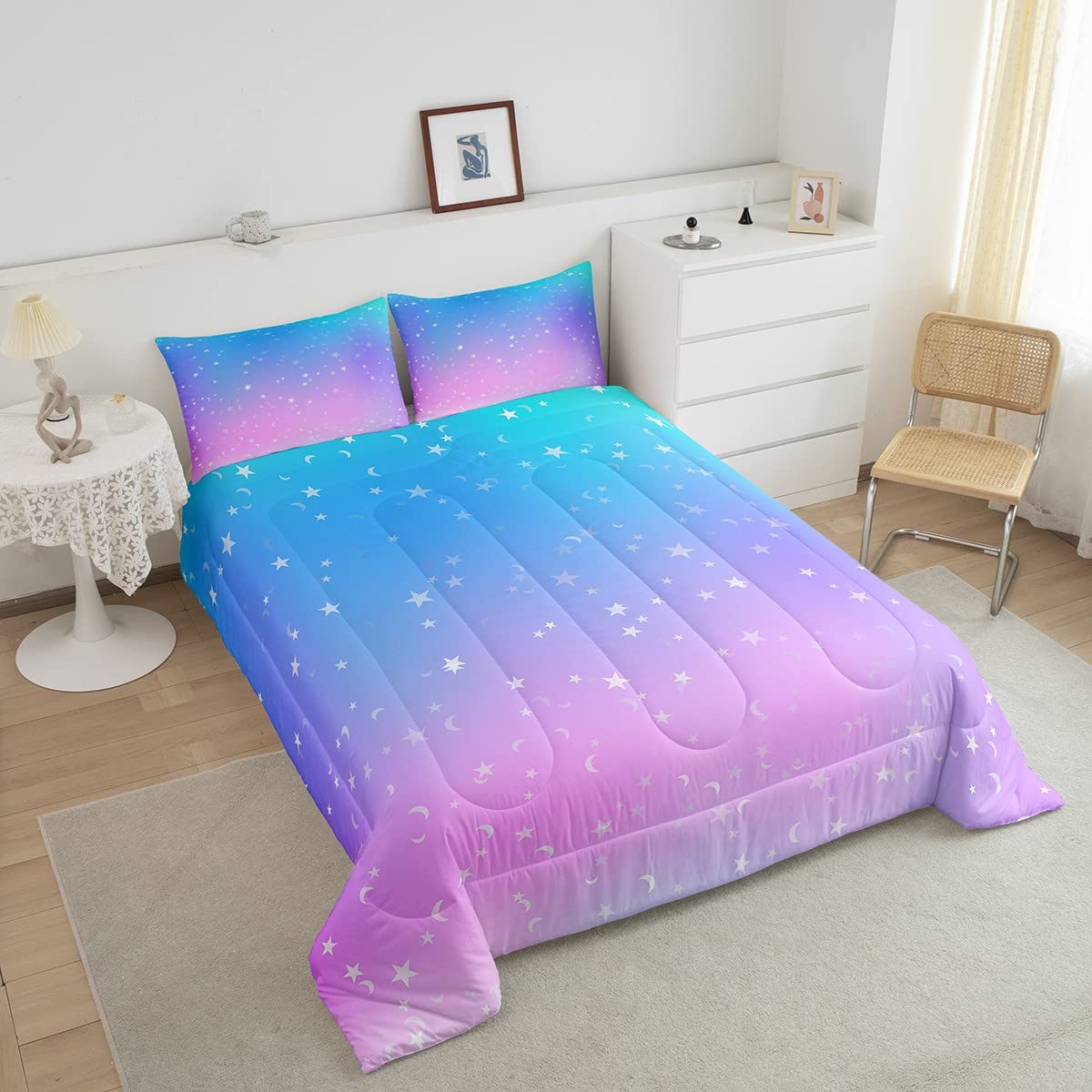 **Galaxy Comforter Set Twin Size - Ombre Glitter Bedding for Kids, Girls, Boys & Women - Rainbow Gradient Duvet Cover with Starry Sky Design - Pastel Sparkle Quilted Set (2-Piece, Blue & Pink) - Perfect for Bedroom Decor, Sleepovers & Cozy Nights**