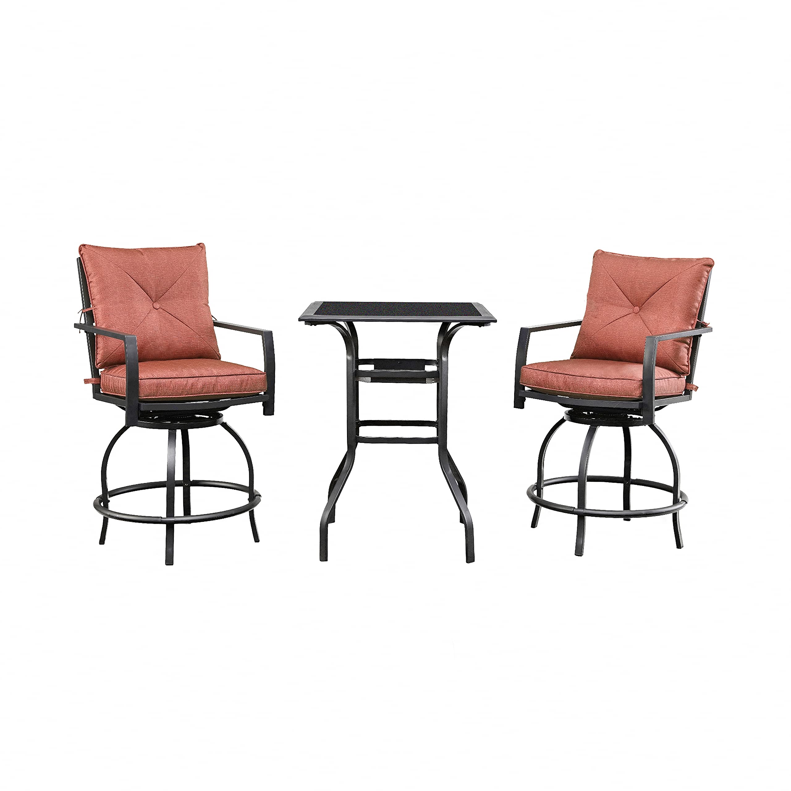 LOKATSE HOME 3-Piece Outdoor Swivel Chair Set - Patio Bar Stools with Cushions & Coffee Table - Metal Height-Adjustable Bistro Furniture (Red) - Perfect for Backyard, Garden, Poolside & Balcony Relaxation