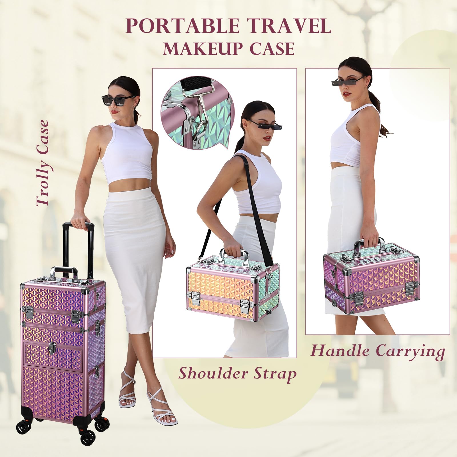 Joligrace Professional Rolling Makeup Case with Wheels & Drawers - Large Lockable Cosmetic Trolley for Travel & Salon Storage - Perfect for Nail Artists & Hairstylists (Pink Chameleon) | Portable Beauty Organizer for Mobile Makeup Services & Salon Professionals