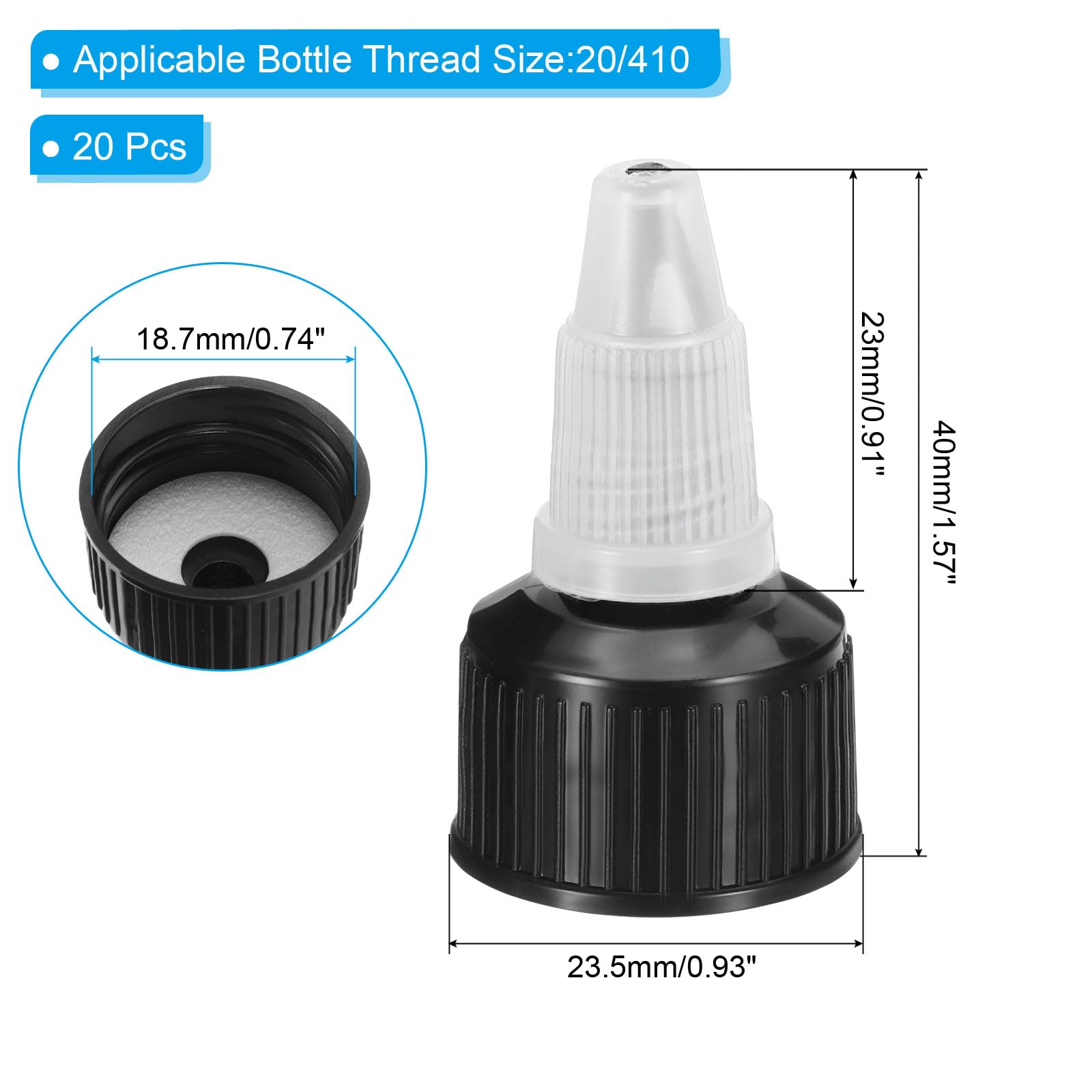 PATIKIL 20/410 Twist Bottle Caps - 20PCS Black Plastic Ribbed Edge Squeeze Bottle Replacement Caps with Foam Gasket for Paint, Glue, Condiments & DIY Dispensing - Perfect for Art Supplies, Kitchen & Craft Bottles