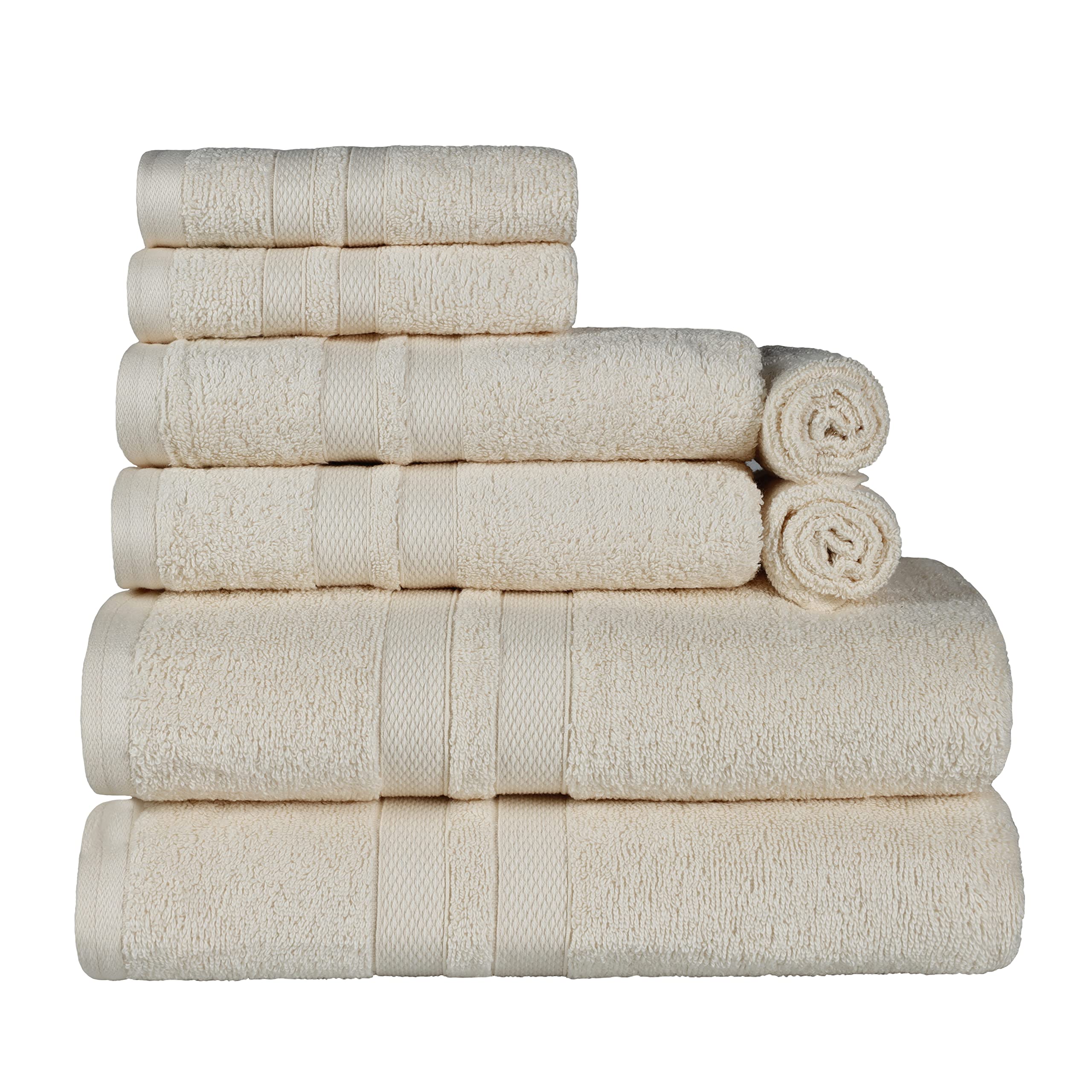 BNM Ultra-Soft 100% Cotton Towel Set - 8 Piece Bath & Hand Towels with Washcloths | Quick-Dry, Absorbent & Luxurious for Shower, Spa & Everyday Use | Ivory Solid Color with Double Line Dobby Border | Home & Bathroom Essentials