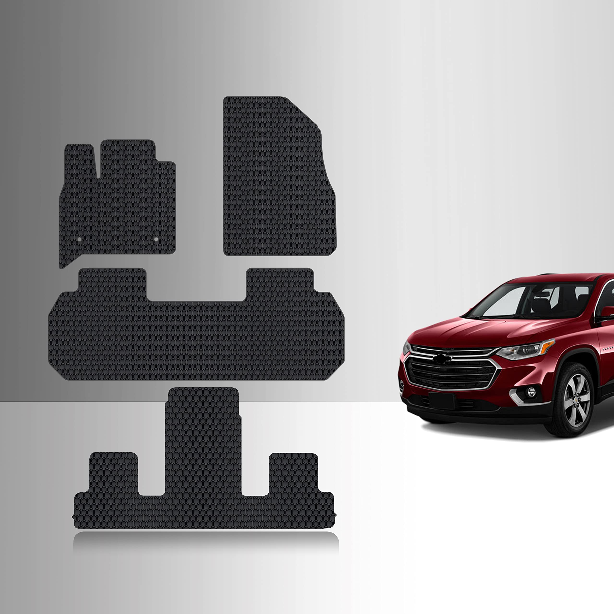 TOUGHPRO All-Weather Heavy Duty Black Rubber Floor Mats for Chevrolet Traverse (2018-2023) - 1st, 2nd & 3rd Row Coverage with 2nd Row Bucket Seating - Perfect for Off-Road, Snow & Mud Protection