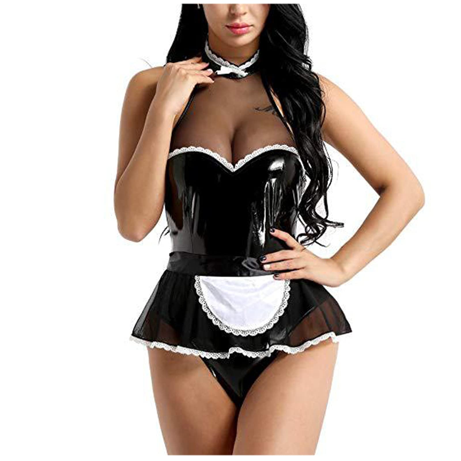 French Maid Costume for Women - Sexy Lingerie & Leather Teddy Bodysuit with Halter & Backless Design - Couples Role Play Outfit for Halloween, Cosplay & Romantic Nights