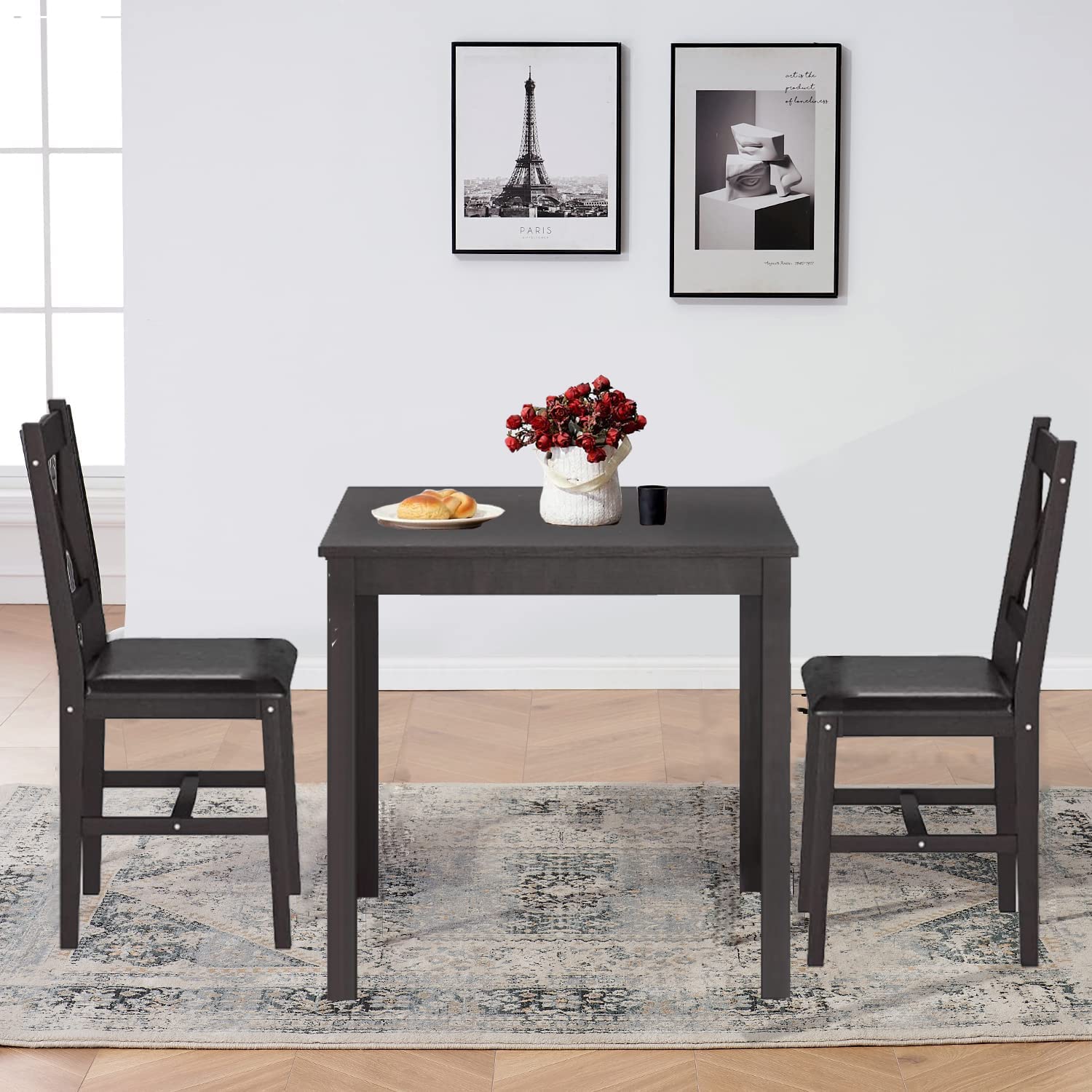 3-Piece Wooden Dining Table Set - Square Kitchen Table & Chairs for 2 - Sturdy Breakfast Nook Set for Small Spaces - Perfect for Home, Restaurant & Living Room - Brown Finish - Ideal for Compact Kitchens, Cozy Breakfast Nooks & Small Dining Areas