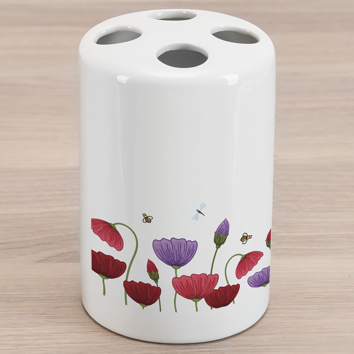 Ambesonne Floral Ceramic Toothbrush Holder - Spring Design with Bees, Elegant Bathroom Countertop Organizer, 4.5